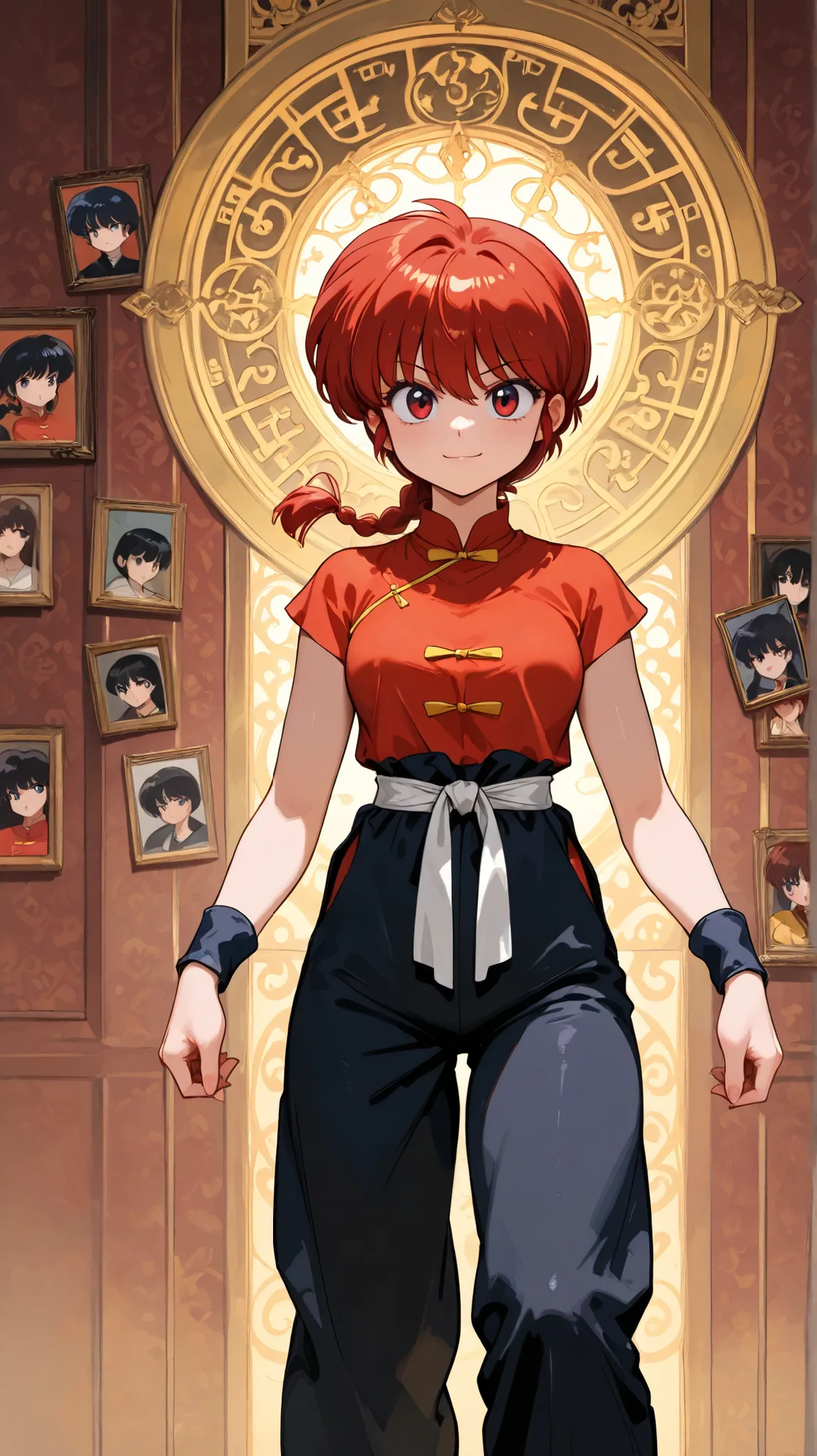 (alone:1.3), girl\(Ranma, Anime Protagonist\(Ranma1/2\),beautiful, sexy, Group ed red hair, red eyes, 赤いChinese clothes, smile, Ranma saotome, Group , red hair, single Group , Group ed ponytail, red eyes, pants, Chinese clothes, sleeveless ...