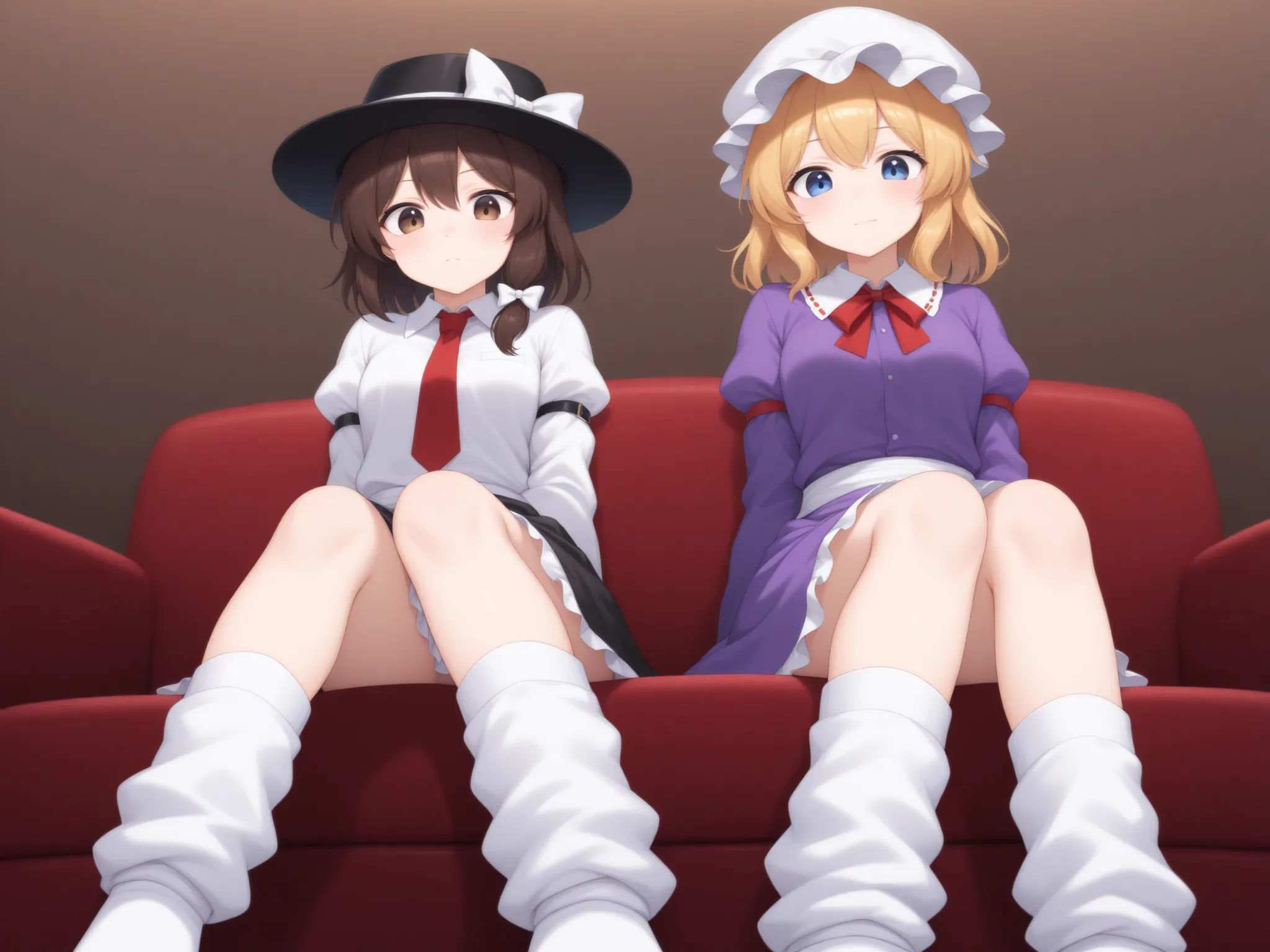 2girls, usami renko (touhou),brown eyes,light smile,maribel hearn (touhou),blue eyes,(anguish,frown:1.1),(loose socks:1.1),no shoes,sitting,indoor,sofa,(looking down,headwear:1.2)