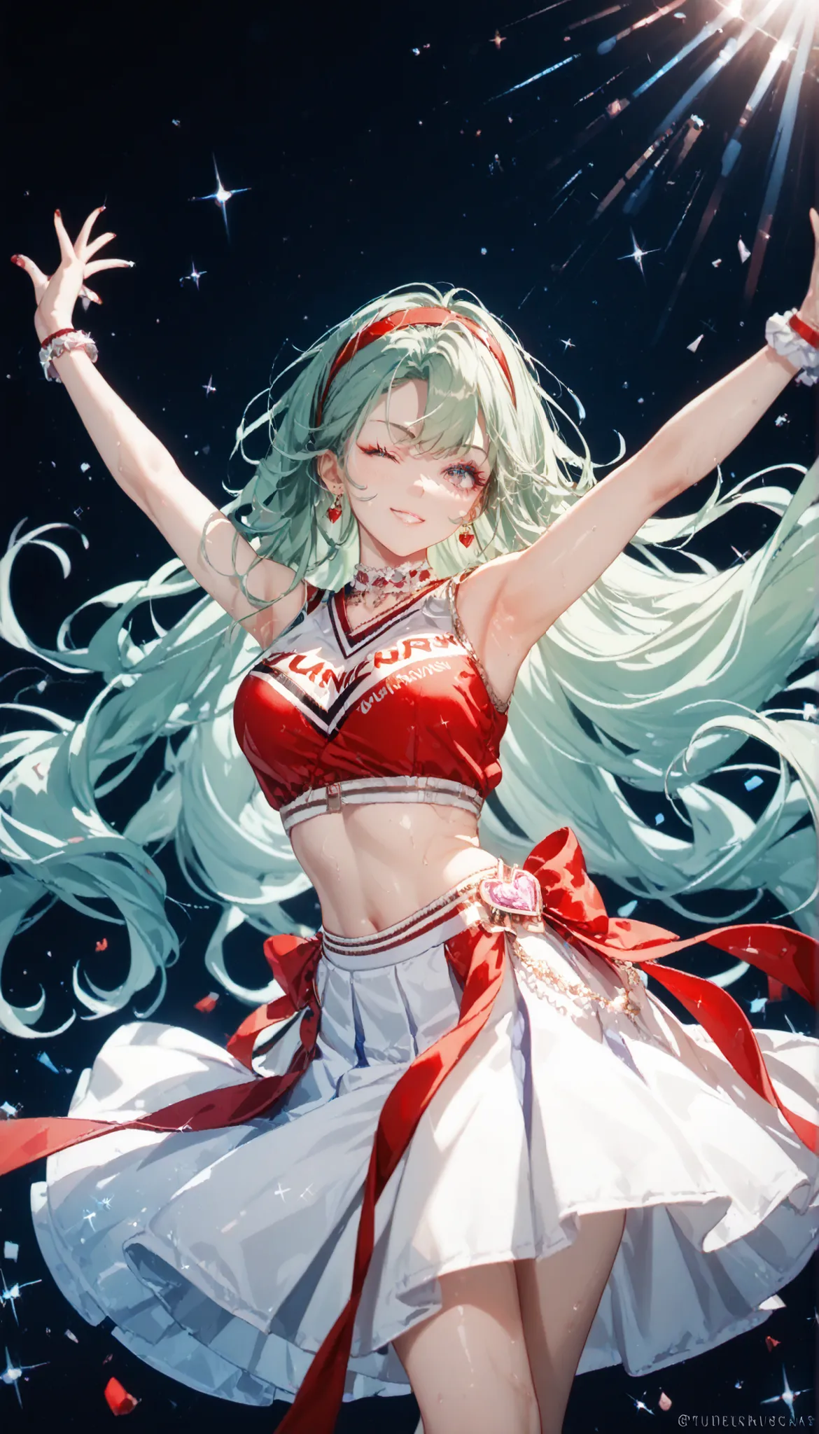 UHD, ((masterpiece)), ((best quality)), highres, (textured skin), 8k, dance queen, emerald hair, floating hair, big hair, shiny hair, absurdly long hair, red hairband, one eye closed, light smile, sparkle, glowing light, dancing, enjoy dancing, Cheerleader...