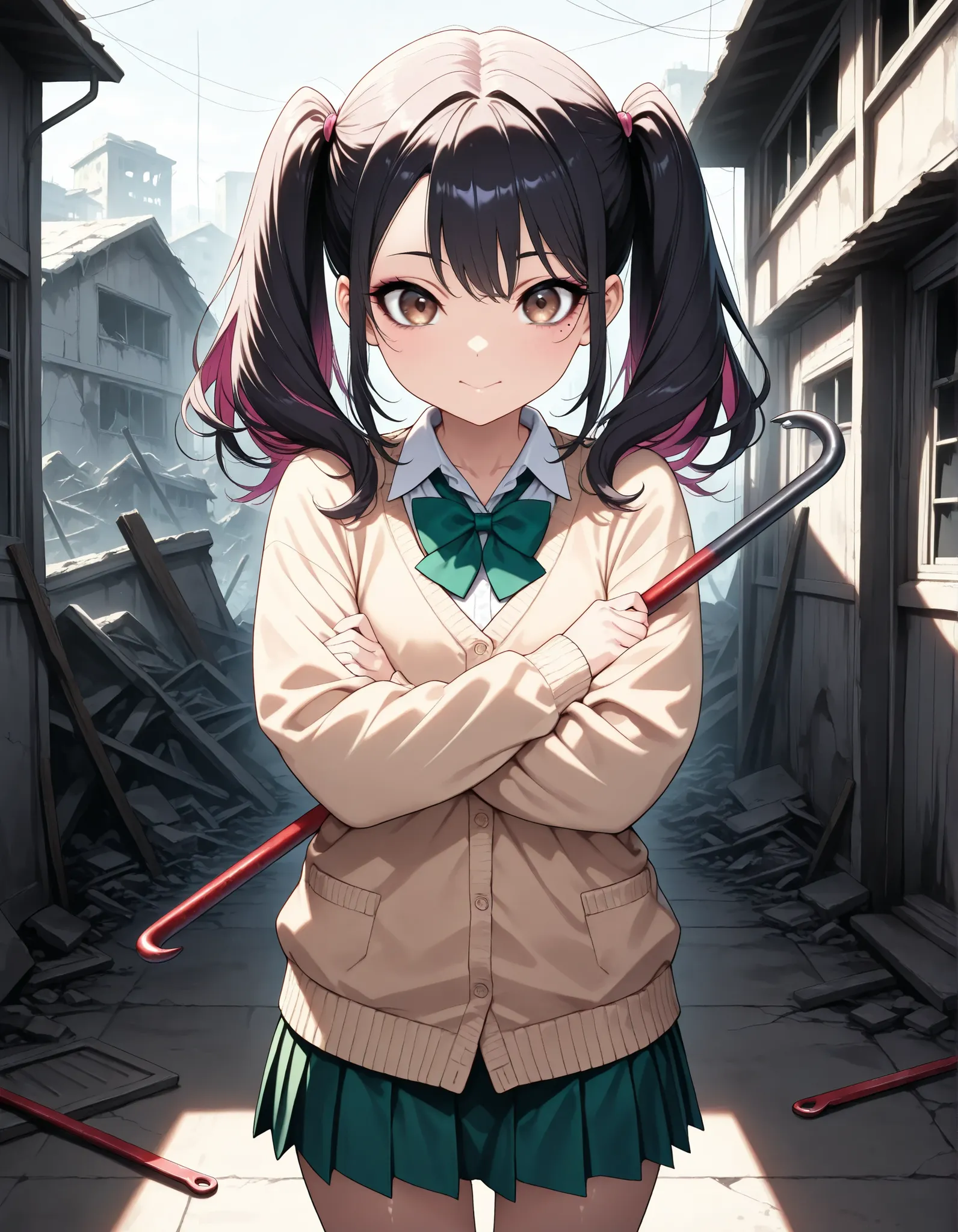 (1 girl, stares), Hold something like a crowbar:1.2, beautiful digital illustration, with attention to detail, (school uniform, shirt, bright green bow tie , Beige Cardigan, green pleated skirt), Super shiny skin , slender, beautiful face, beautiful eyes o...