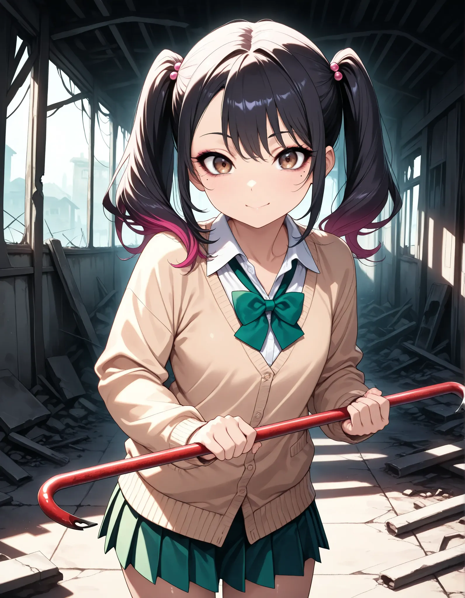 (1 girl, stares), Hold something like a crowbar:1.2, beautiful digital illustration, with attention to detail, (school uniform, shirt, bright green bow tie , Beige Cardigan, green pleated skirt), Super shiny skin , slender, beautiful face, beautiful eyes o...
