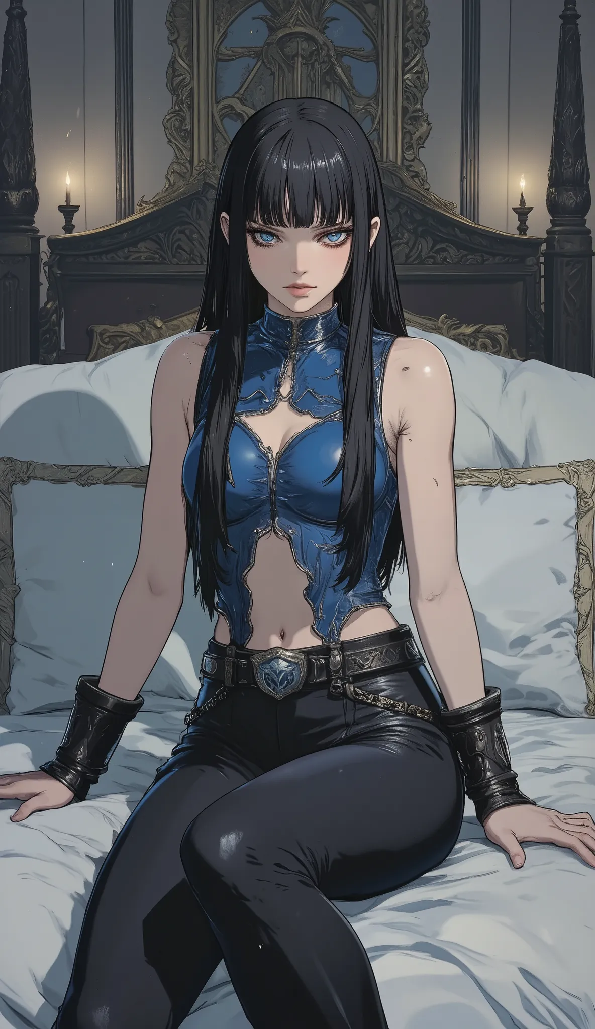 masterpiece, best quality, ultra-detailed, (stunningly beautiful woman:1.3) with (lustrous long black hair:1.2) and (wispy scattered bangs:1.1), (exquisite symmetrical face:1.2), piercing (cold arrogant gaze:1.2), (athletic fit physique:1.1), (flawless ala...