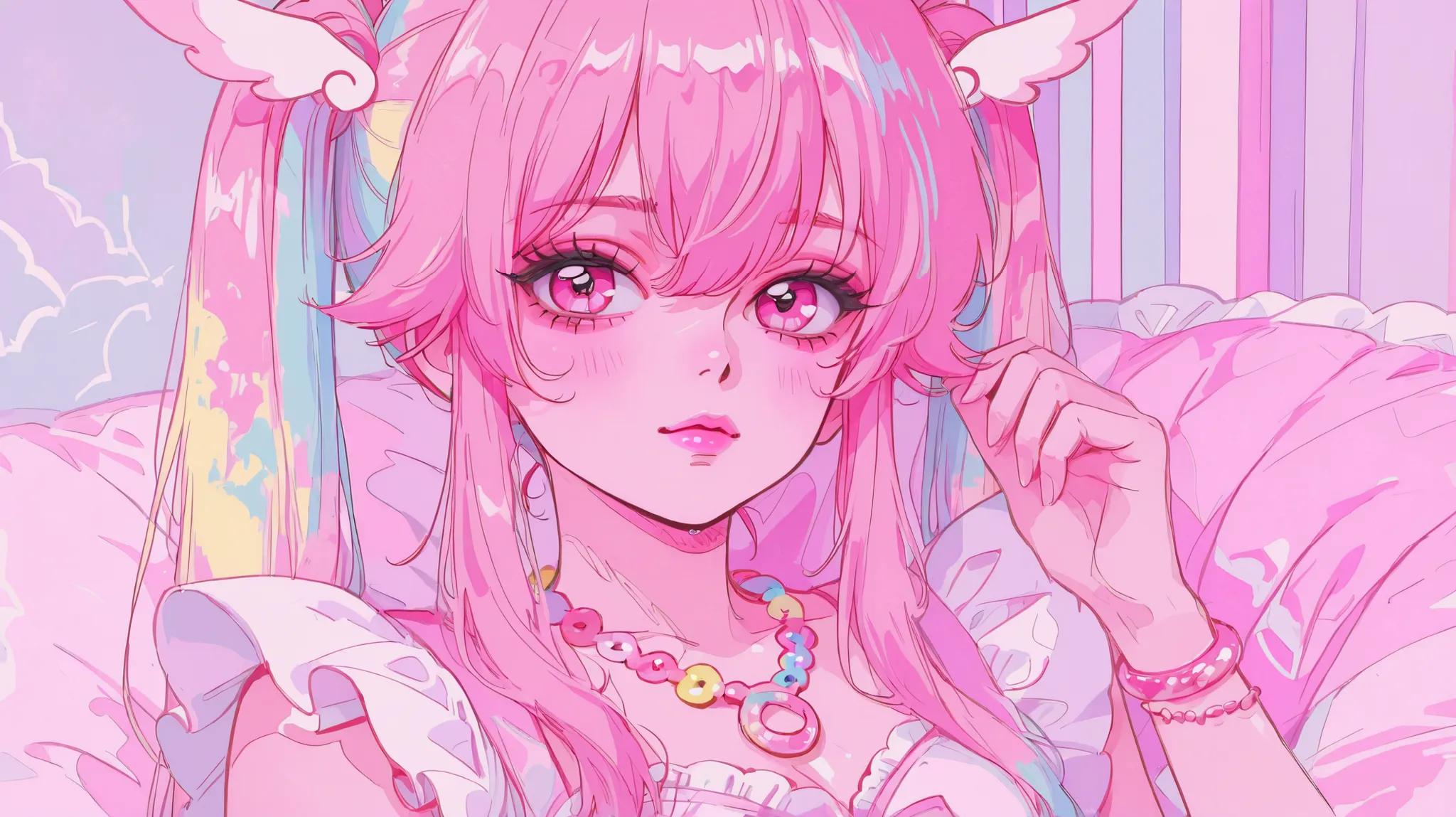 Pastel colors, one girl, 80s attire, cute pink eyes, pink lips, top quality, crfPastel colors, one girl, 80s attire, cute pink eyes, pink lips, top quality, cul bracelets, colorful necklace, pastel hair (twin tails),