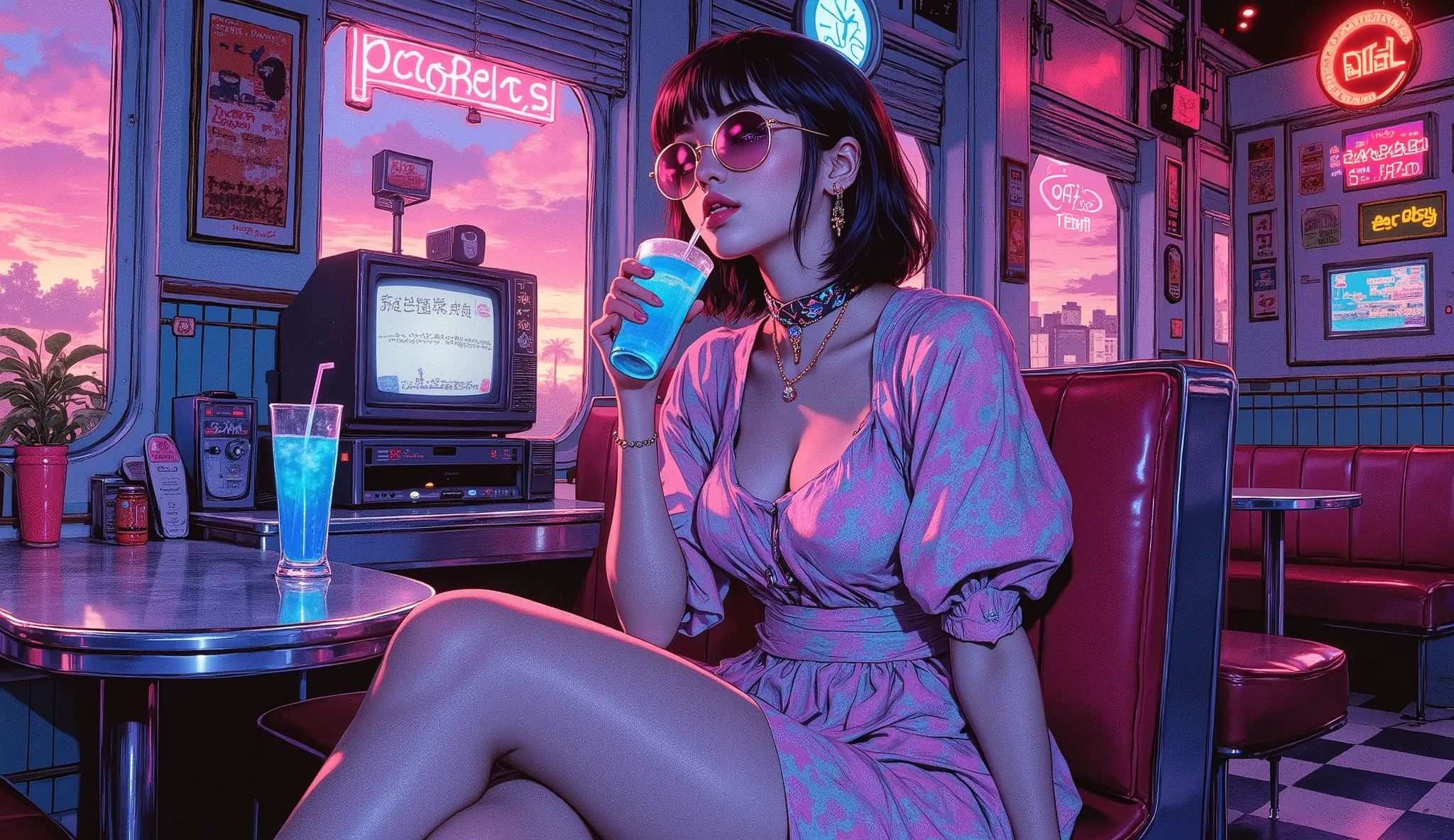 A detailed digital drawing of A japan girl in a pastel-toned 1980s dress sits at a retro diner booth, sipping a neon-blue drink. She wears large round sunglasses and a choker with a holographic pendant. The café features checkerboard floors, vintage CRT TV...