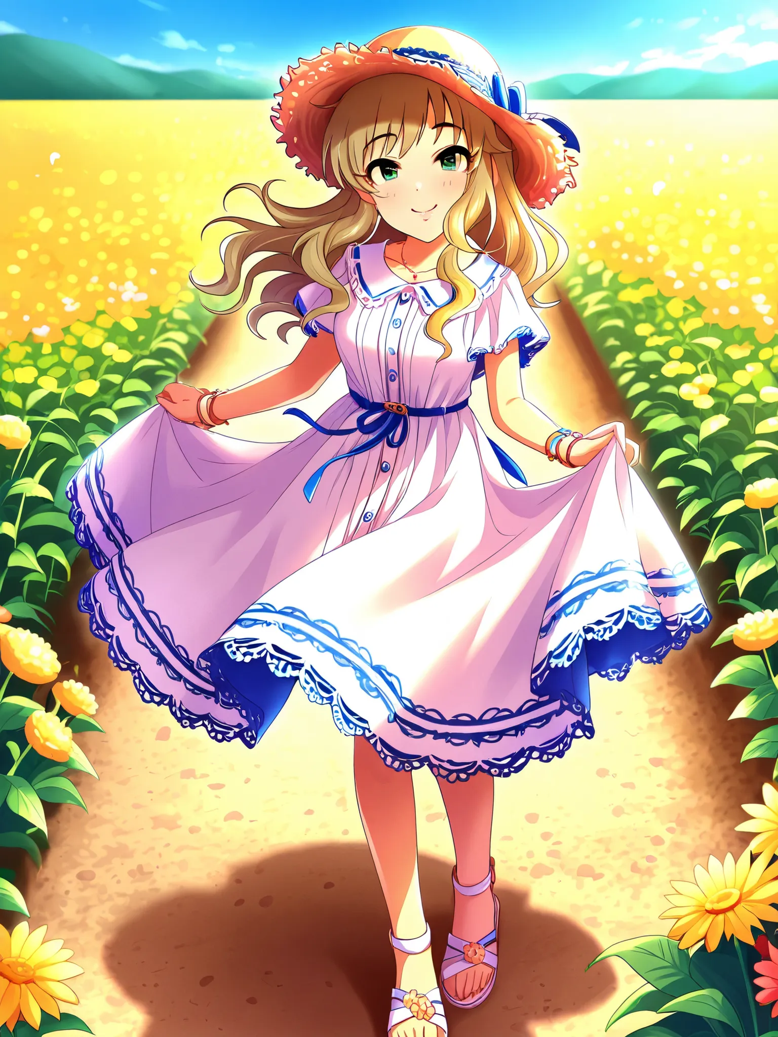 Otsuki Yui from The Idolmaster Cinderella Girls，straw hat, white dress, and sandals，Standing with a smile in a field of flowers under the blue sky