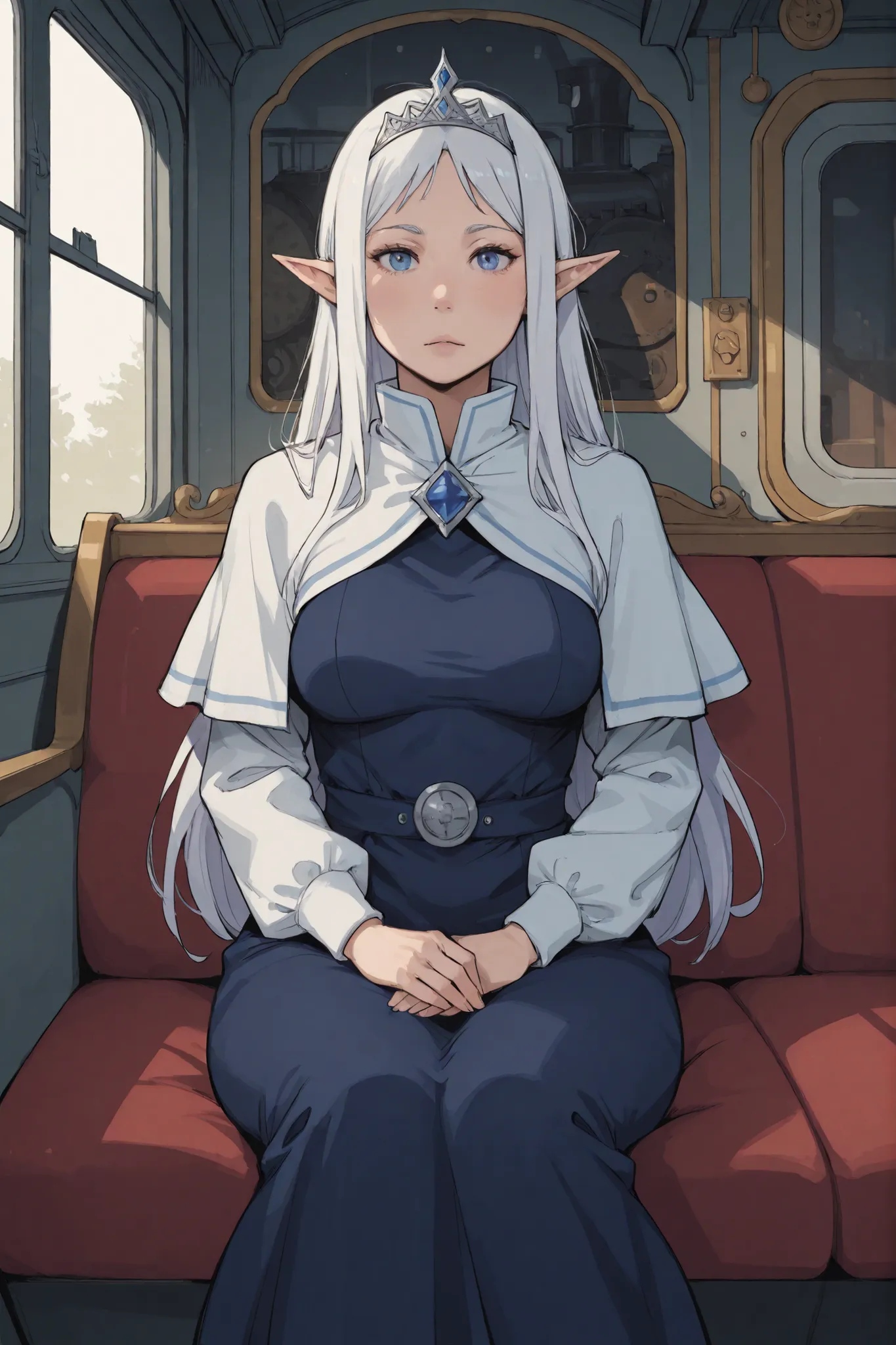 1 plumb girl, long white hair, blue iris, pointy ears, voluptuous, medium breasts, tiara, dark blue dress, white capelet, sitting, wooden locomotive interior, hands on lap, look at viewer
