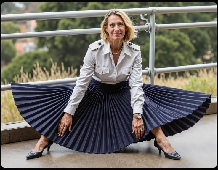 Prompt: A stunning portrait captures my mother's mature beauty as she sits confidently on her desk, daringly spreading her legs amidst a vibrant space station backdrop featuring galaxies and spaceships. Her long pleated skirt flows around her, juxtaposing ...