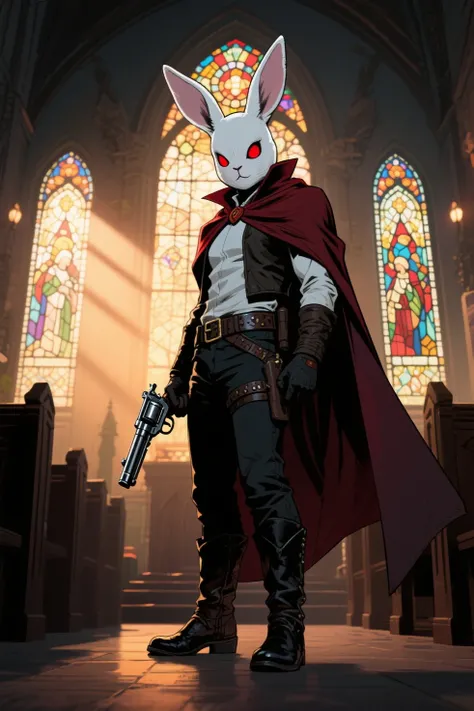 The dusk light shines through the、Gunman wearing a white rabbit cover、red eyes、Put on your cape、Gunman wearing a、Gunbelt、boots、holding a revolver、Inside the church decorated with stained glass、stained glass in a realistic comic style、dim lighting