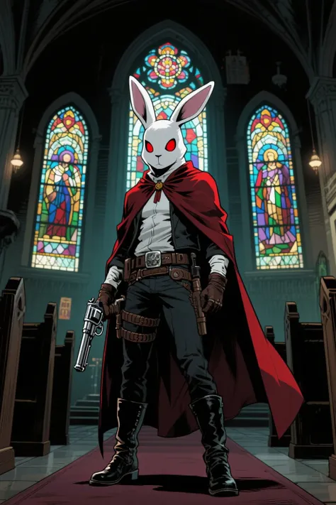 Realistically、Gunman wearing a white rabbit cover、red eyes、Put on your cape、Gunman wearing a、Gunbelt、boots、holding a revolver、Inside the church decorated with stained glass、stained glass in a realistic comic style、For a dark atmosphere