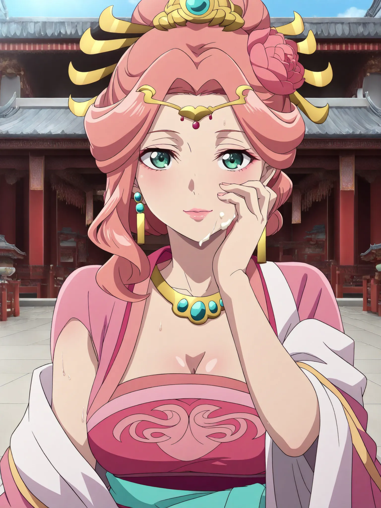 ice cream stalls lined up,eat ice cream,sleeveless,armpits,wet skin,cleavage,masterpiece, best quality, great quality, Very aesthetic, intricate details, very detailed background, 1 girl, solo,KJogyokuYou , pink hair from 2nd floor, green eyes, half up, Ha...