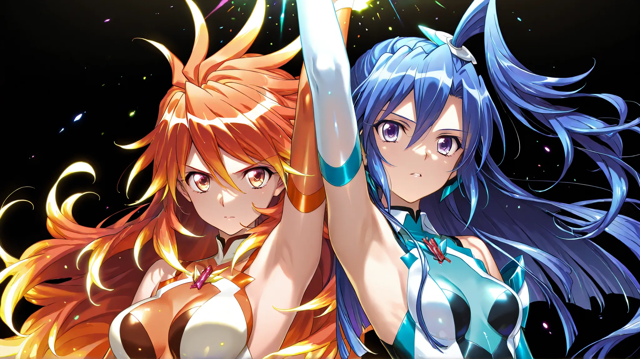 2girls,symphogear,Kazanari Tsubasa, Amou Kanade, Black background,colorful, lively, Shining Contours ,neon,colorful、Official Art、,viewer, masterpiece, Very Aesthetic、battle pose、Light powder、neon Hair、Swinging Hair、chest swaying up and down