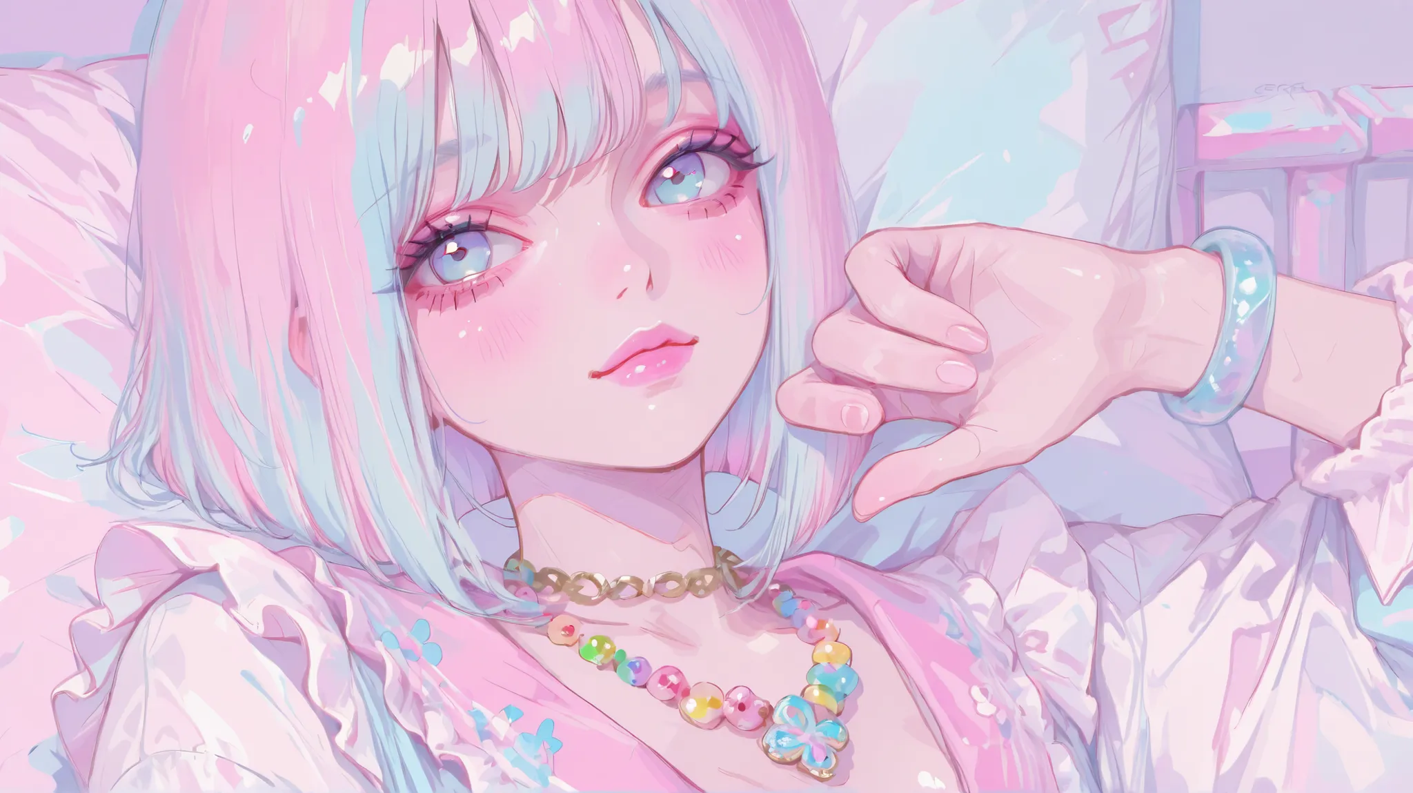 Pastel colors, one girl, 80's attire, cute light blue eyes, pink lips, top quality, crf pastel colors, one girl, 80's attire, pink lips, top quality, light blue bracelet, colorful necklace, pastel hair, (pastel straight bob),