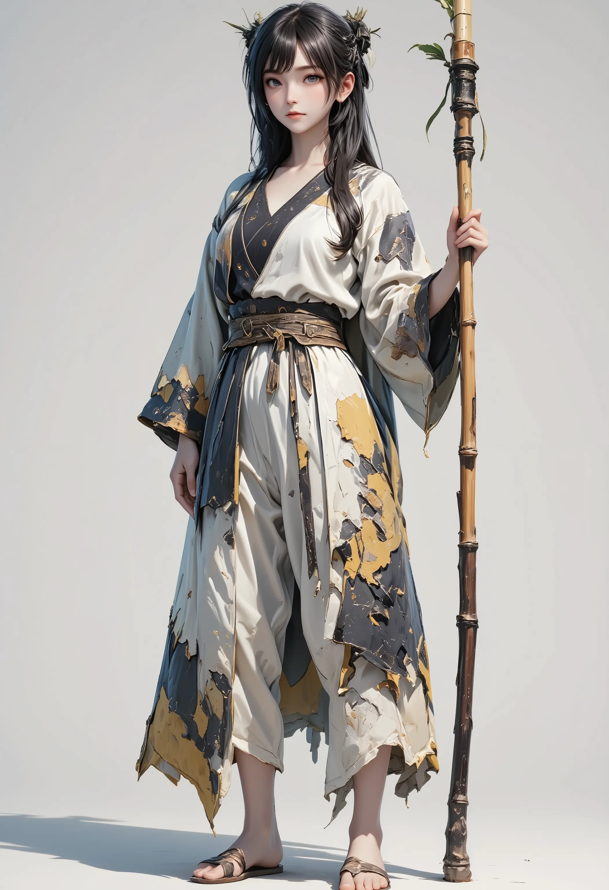 "Ancient Chinese beggar girl holding legendary [Nine-Section Dog Beating Staff], weathered bamboo shaft with natural cracks and wormhole patterns, iron-reinforced collar exposed at polished tip. Worn patched cloth outfit with frayed hemp rope belt, bare fe...