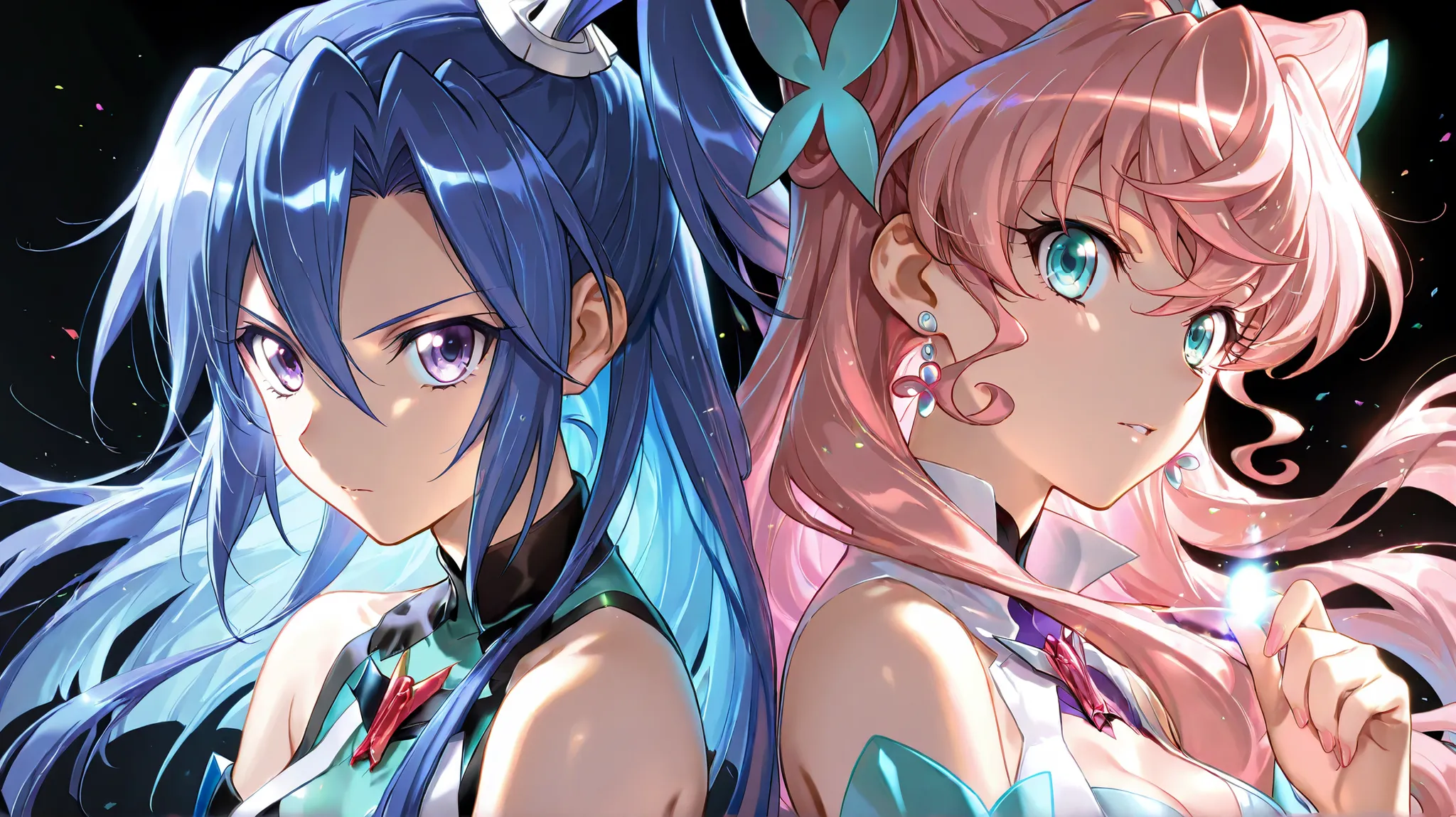 2girls,symphogear,Kazanari Tsubasa, Maria Cadenzavna Eve, Black background,colorful, lively, Shining Contours ,neon,colorful、Official Art、,viewer, masterpiece, Very Aesthetic、battle pose、Light powder、neon Hair、Swinging Hair、chest swaying up and down