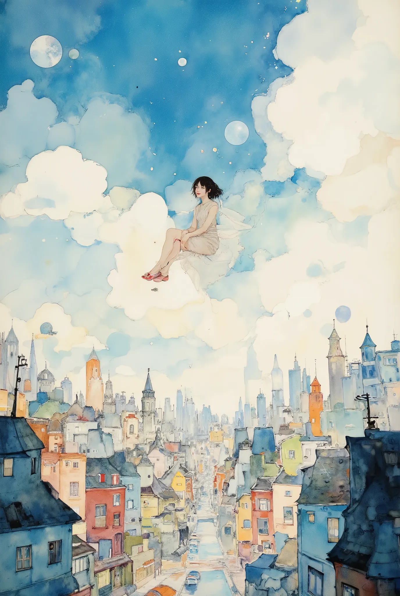(Very Beautiful and Exquisite Watercolor Painting:1.5),Beautiful Nature, Extremely Exquisite Bird View of the City、Girl Flying Over Urban Buildings、in their 40s ,Background Overlooking the City from High Altitude、Blue Sky and White Clouds Glowing Backgroun...