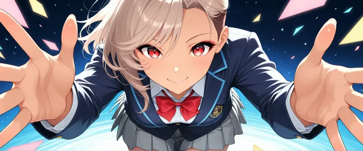 (1 girl, smile, Glossy Lips), beautiful digital illustration, with attention to detail, (Beautiful Kurodan , school uniform, navy blue blazer, shirt, Red bowtie, gray pleated skirt), Super shiny skin , slender, beautiful face, beautiful eyes on my stomach,...