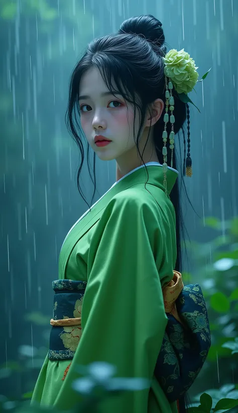   pictures , among them :
濡れた色鮮やかな緑の着物を着た、an Asian girl、in the deep blue rain, And with spring and、wearing a wet, brightly colored green kimono々on all sides