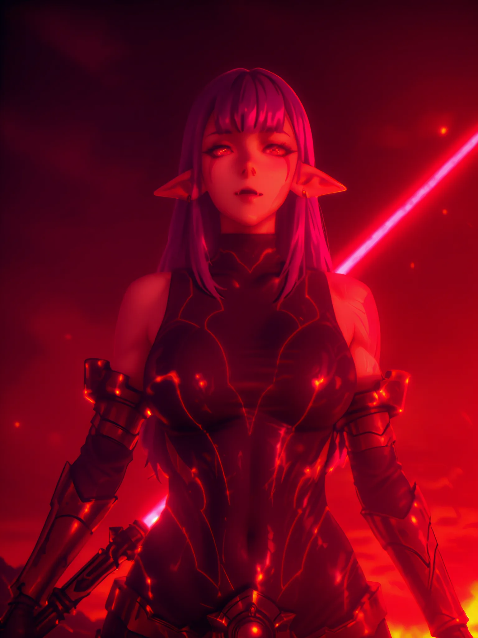 Esil Radiru, earrings, pointy ears, purple hair, red eyes, fangs, facial mark, Lightsaber fight between a Sith and a Jedi, (30-year-old, hourglass figure, perfectly fitted body, natural large breasts), Femme Fatale, long eyelashes, seductive eyes, Award-wi...