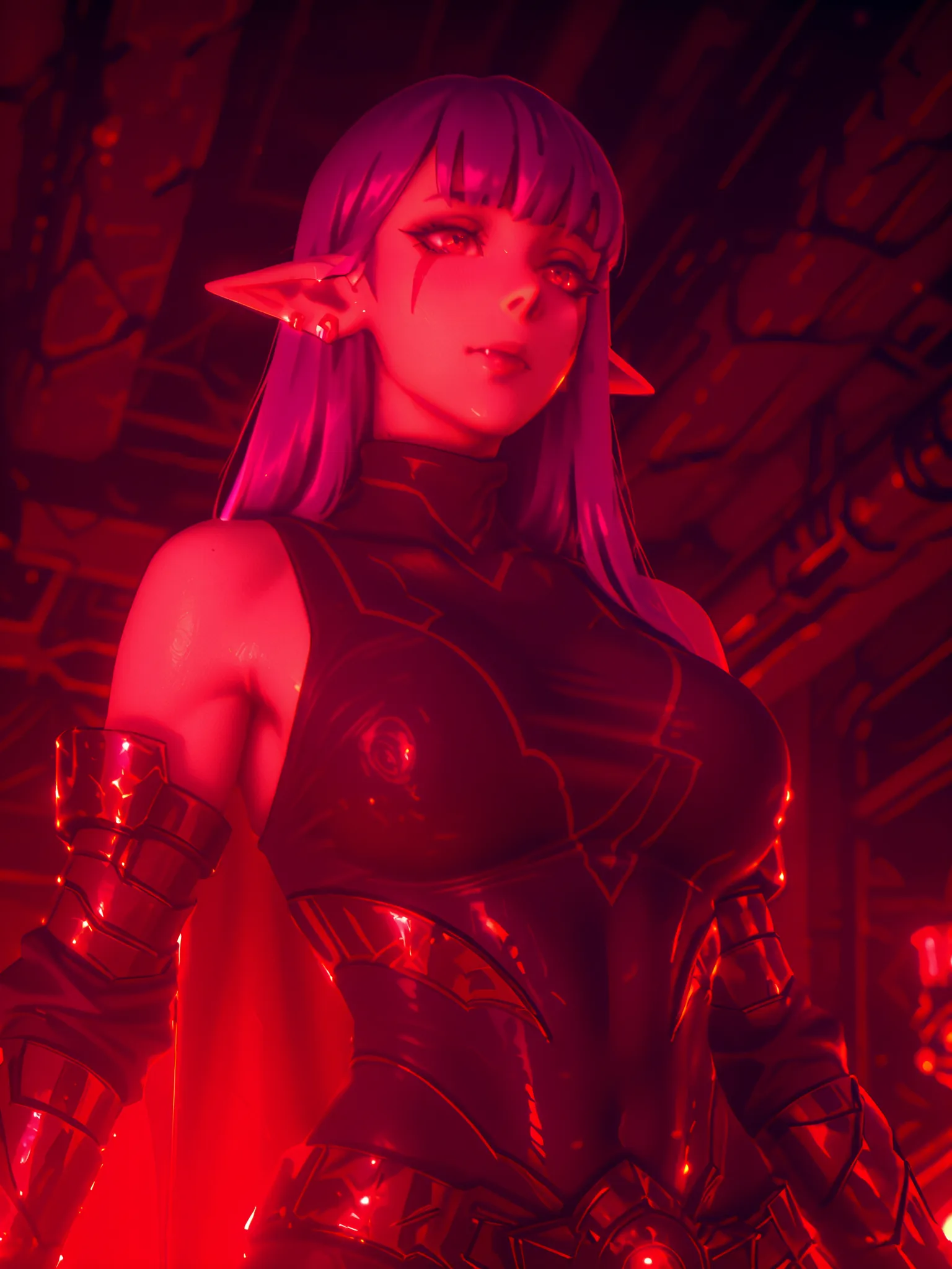 Esil Radiru, earrings, pointy ears, purple hair, red eyes, fangs, facial mark, Lightsaber fight between a Sith and a Jedi, (30-year-old, hourglass figure, perfectly fitted body, natural large breasts), Femme Fatale, long eyelashes, seductive eyes, Award-wi...