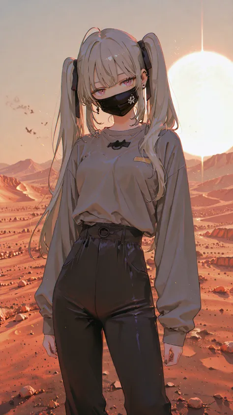 Hatsune Miku(青い longの髪、walks towards the viewer、grey anorak、tight black pants、 long、black mask、Dumbfounded )、I look down on the viewer、 desert、