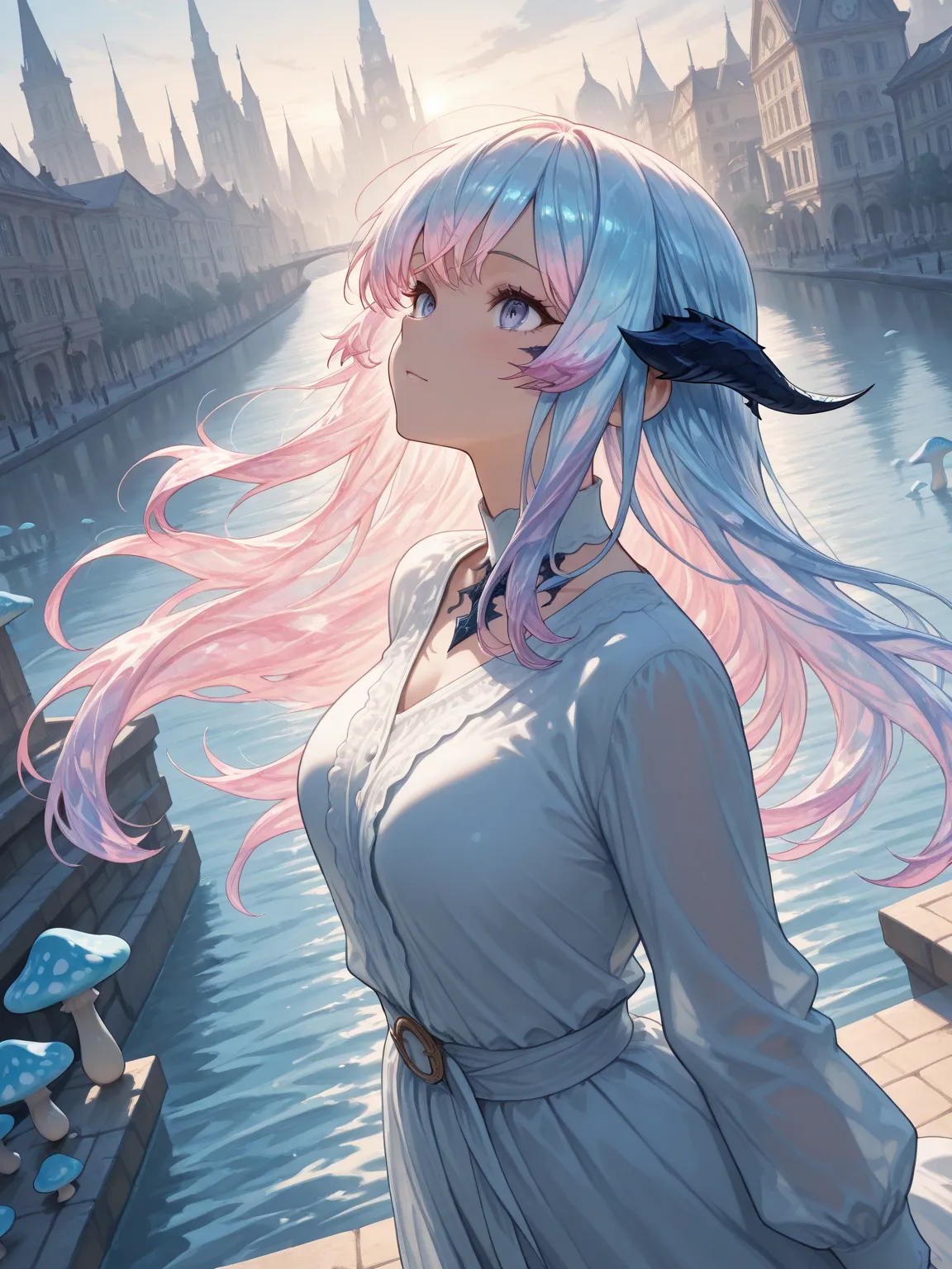 (masterpiece:1.2), Very Intricate Details, ff14 style, dynamic painting that will make you throw your head back,   depicts a bustling city with majestic bridges over a wide river, Surrounded by towering giant mushrooms.  The vast landscape is full of vivid colors  , score_9, score_8_up, score_7_up, masterpiece, source_anime,1girl,soro,
Highly transparent hair