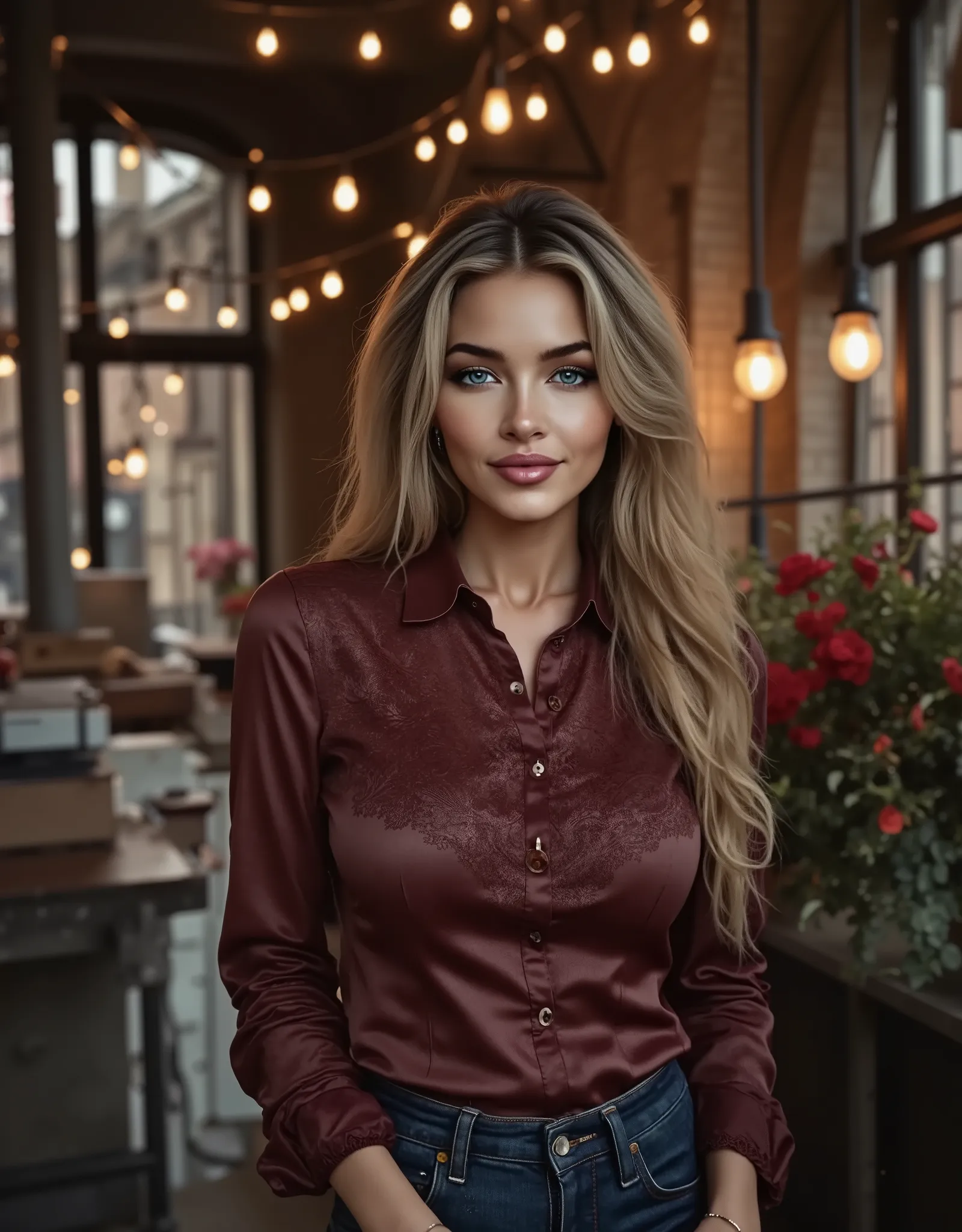 Foto hiperrealista en primer plano de smiling woman, masterpiece, best quality, happy, smile, (photorealistic:1.4), (luxury long button up lace shirt :1.15), (blue jeans:1.2), cinematic light, wavy hair, in a old abandoned factory, amber twinkle lights in ...