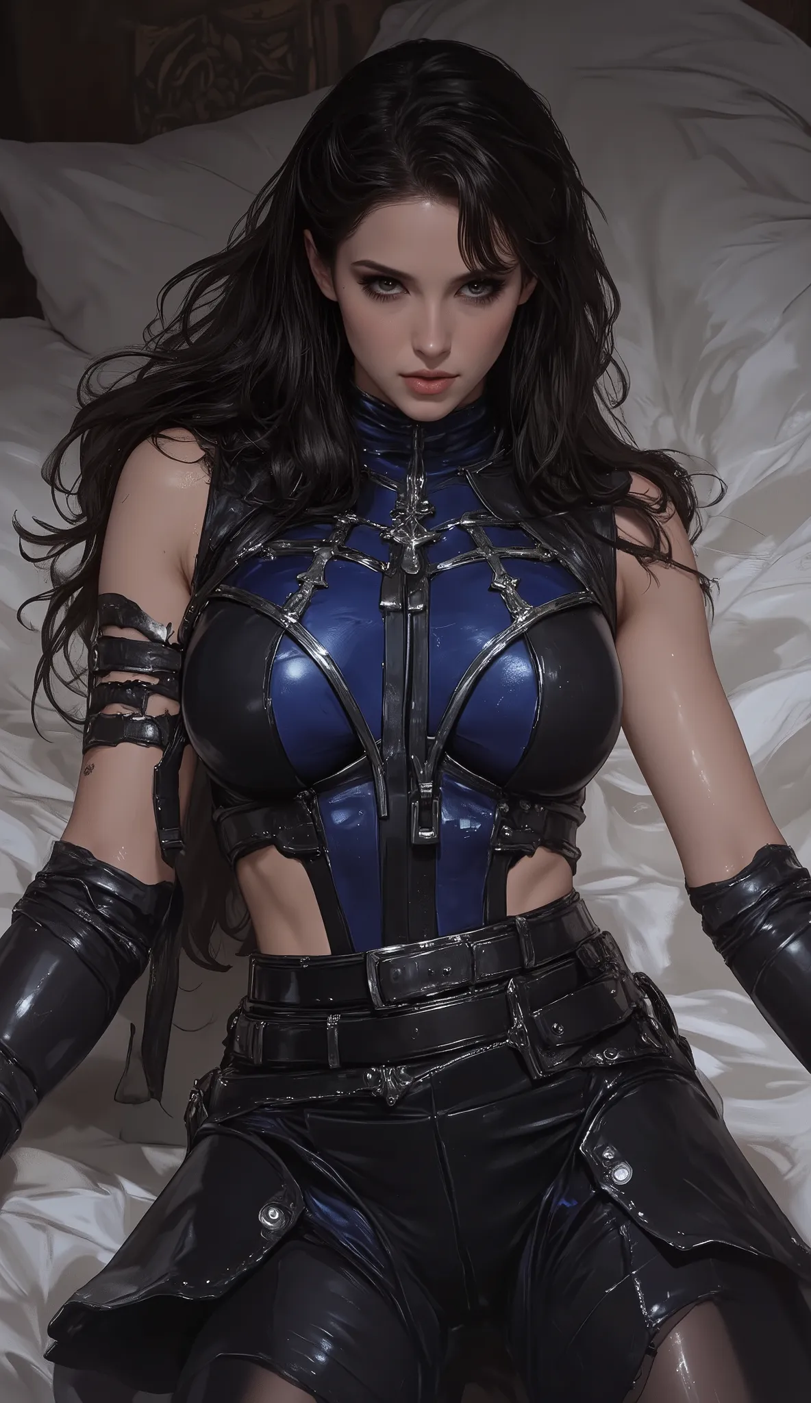 masterpiece, best quality, ultra-detailed, (stunningly beautiful woman:1.3) with (lustrous long black hair:1.2) and (wispy scattered bangs:1.1), (exquisite symmetrical face:1.2), piercing (cold arrogant gaze:1.2), (athletic fit physique:1.1), (flawless ala...