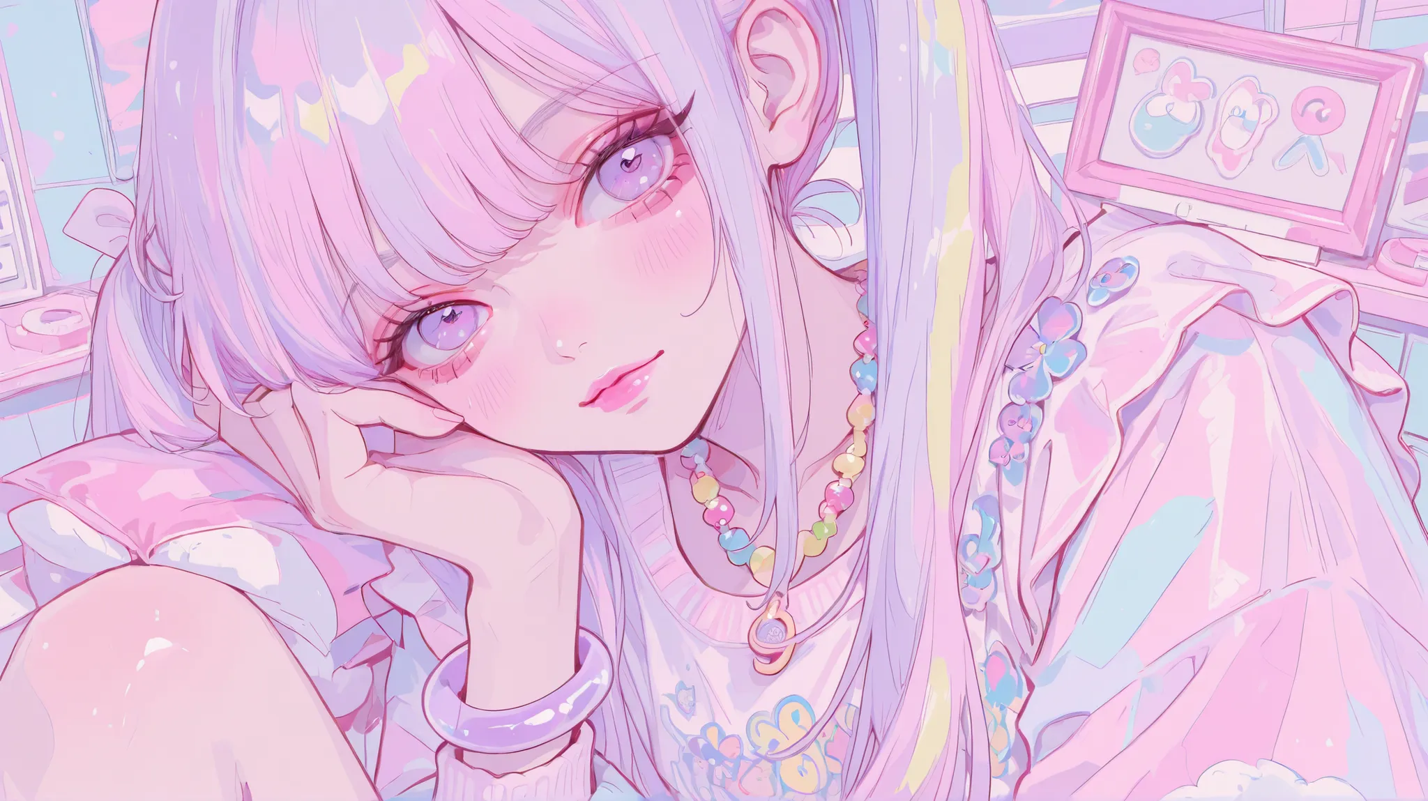 Pastel colors, one girl, 80's attire, cute light purple eyes, pink lips, top quality, pastel hair, long twin tails, one girl, 80's attire, light purple bracelet, colorful necklace,