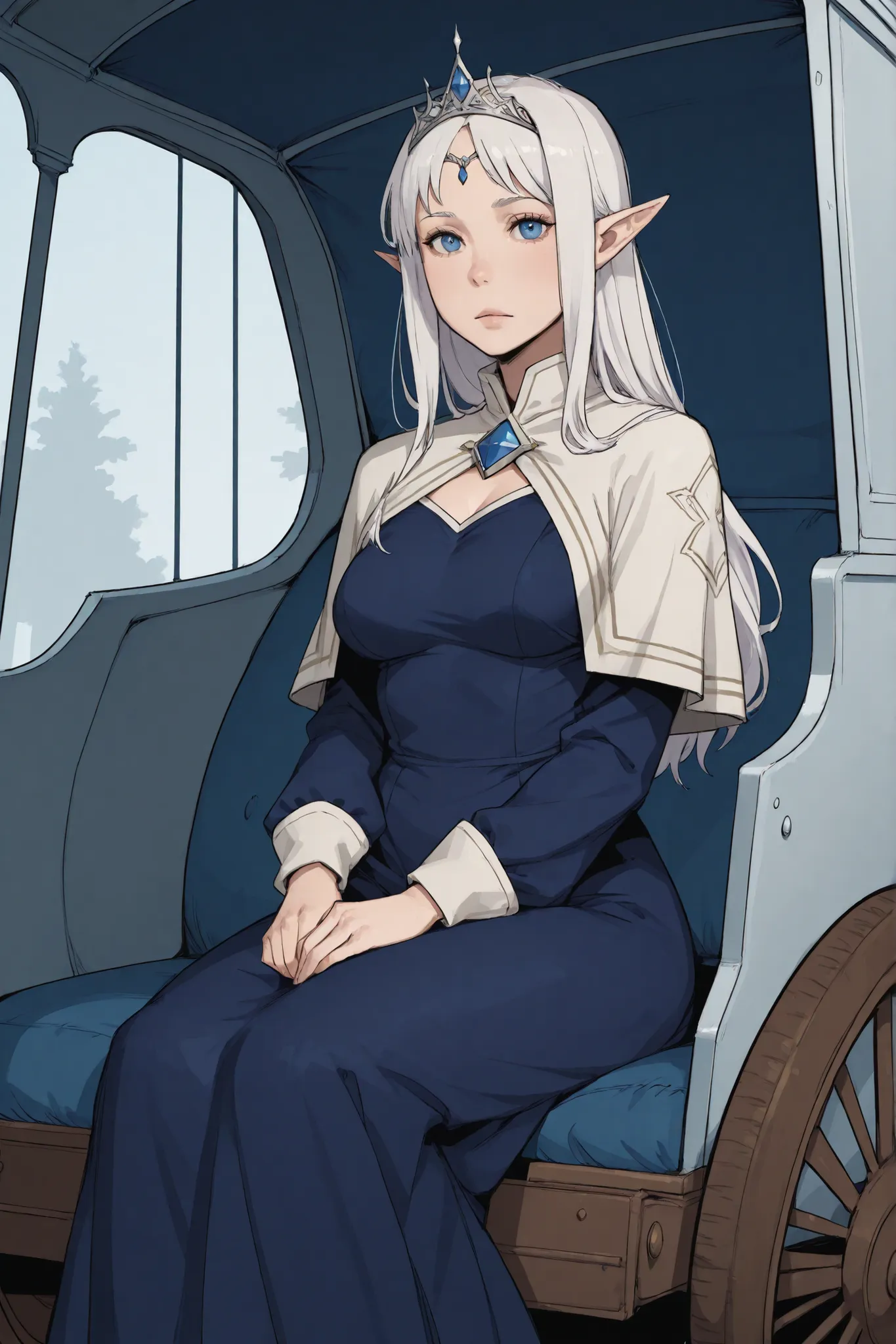 1 plumb girl, long white hair, blue iris, pointy ears, voluptuous, medium breasts, tiara, dark blue dress, white capelet, sitting, carriage, hands on lap, look at viewer