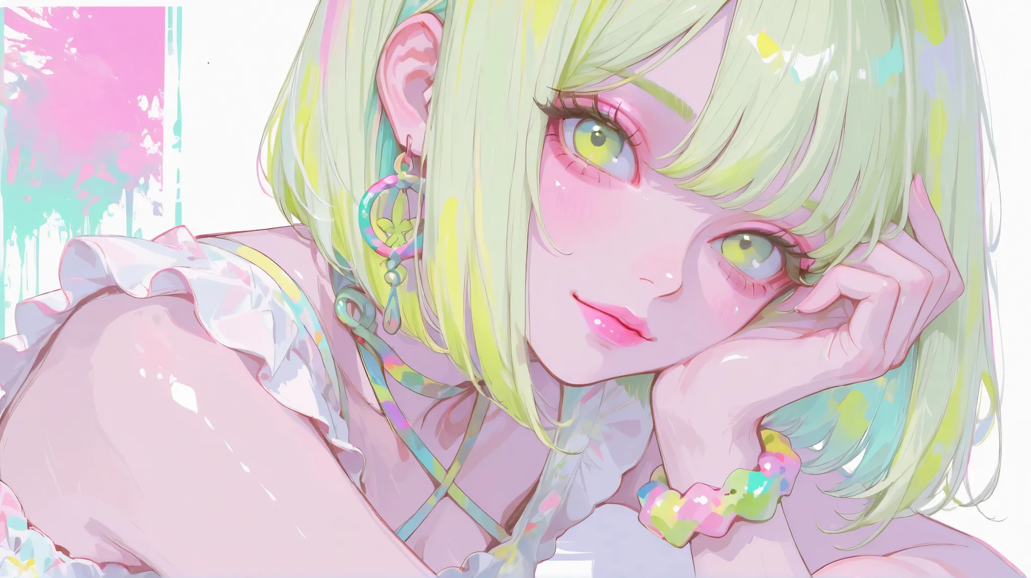 cklace, light Pastel colors, one girl, summer attire, light yellow-green eyes,, pink lips, top quality, colorful bracelets, colorful neyellow-green bob
, looking this way,
