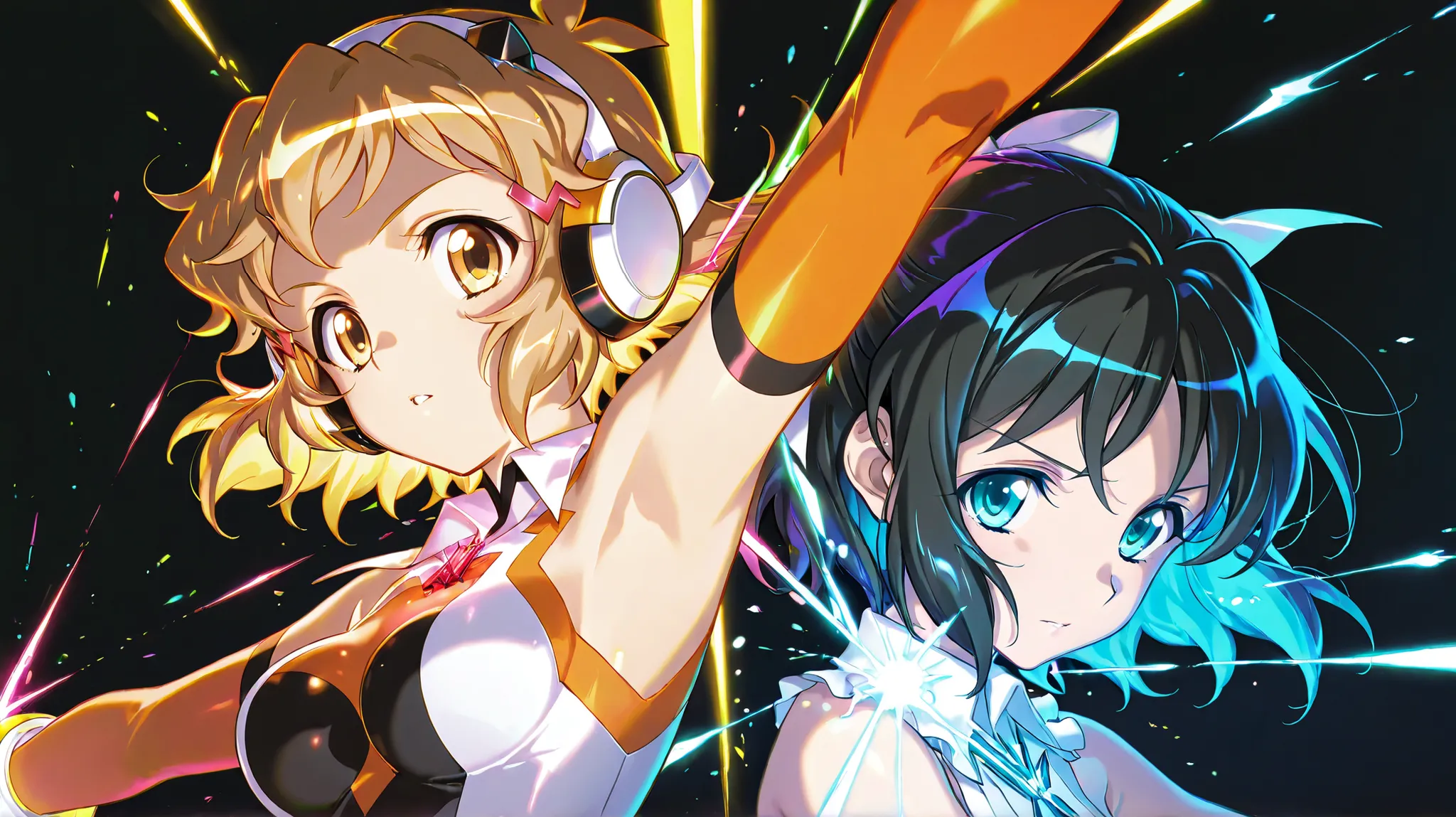 2girls,symphogear,Tachibana Hibiki, Kohinata Miku, Black background,colorful, lively, Shining Contours ,neon,colorful、Official Art、,viewer, masterpiece, Very Aesthetic、battle pose、Light powder、neon Hair、Swinging Hair、chest swaying up and down