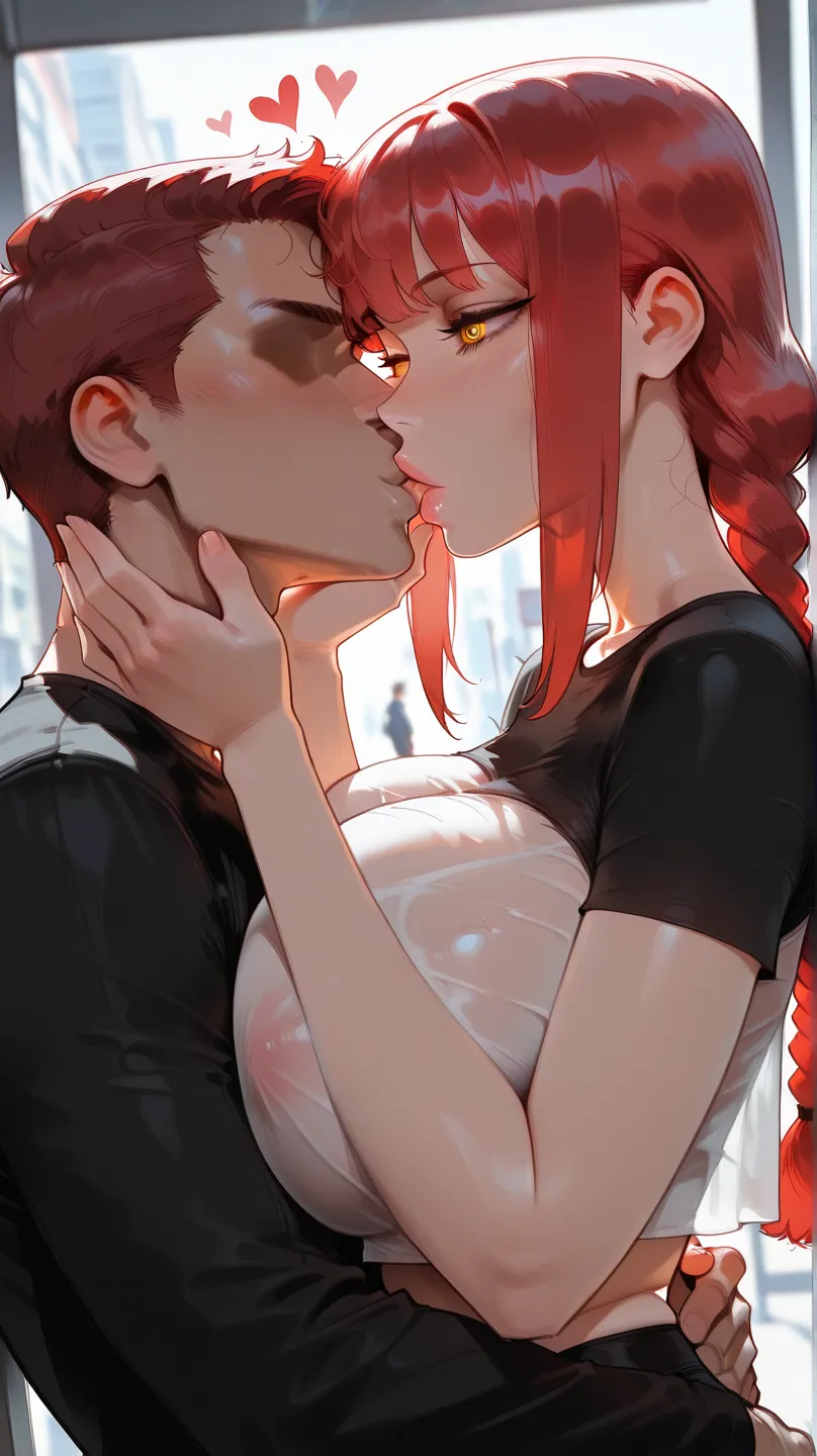 (masterpiece), perfect face, high res, beautiful face, 4k, UHD, score_9, score_8_up, perfect digital artwork, 1girl,  cropped shirt, Makima, huge breast, ringed eyes, red hair, braided ponytail, bangs, yellow eyes, sidelocks, medium hair, long hair, lips kissing, hearts, solo, looking at partner, slender belly, perfect lighting, 1man, faceless male, hug, passionate kissing, deep kiss, caressing hair, dynamic angle, public, (sfw), wholesome, see through, no bra,