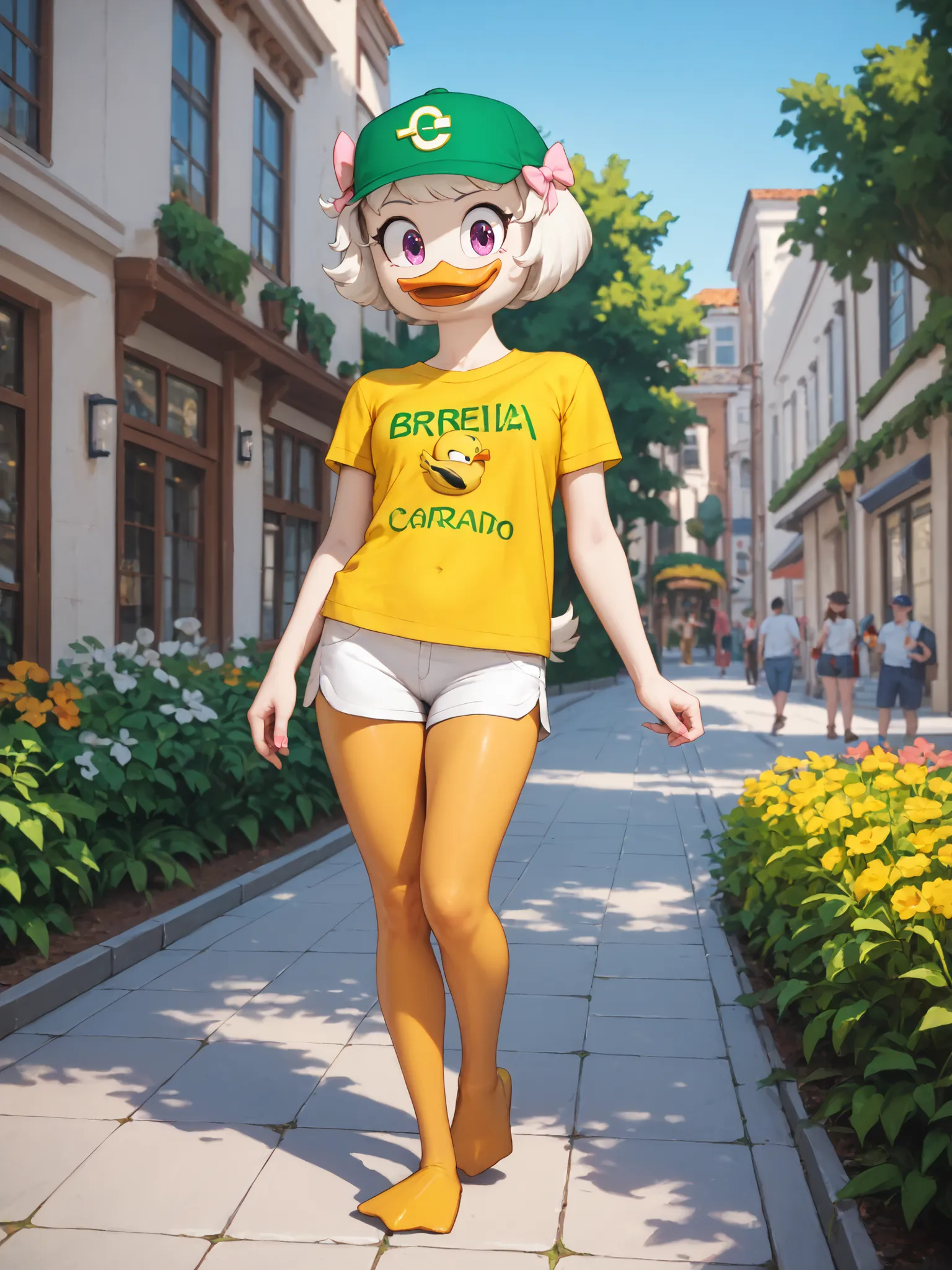 Webby_Vanderquack; zooanthropomorphic duck; corpo branco, cabelo branco curto, olhos negros,  antle, orange thighs and legs, orange duck paws; a small pink ribbon on the top of her head, seios grandes, 4k, hd, high resolution, 1girl, wearing a yellow t-shi...