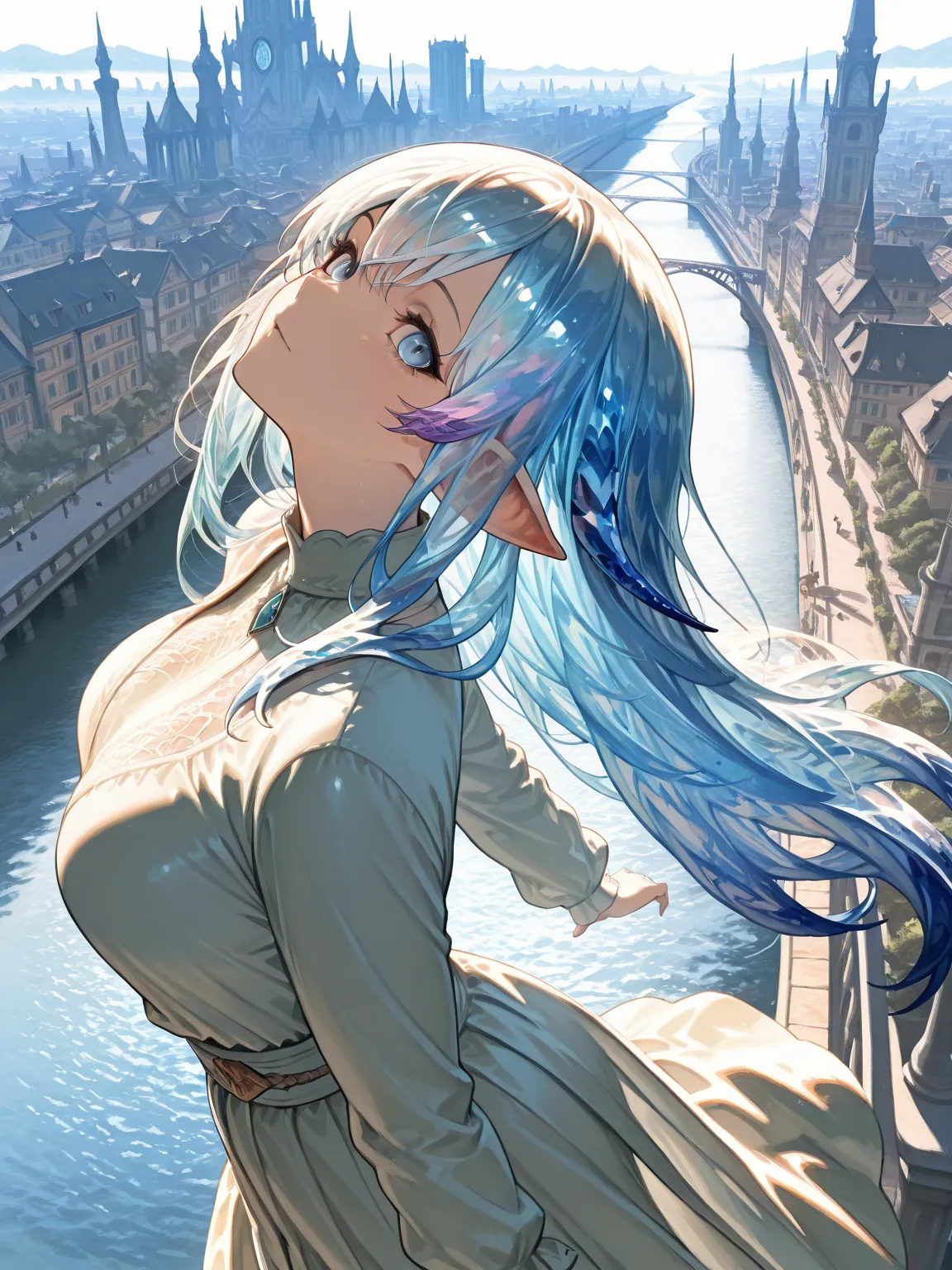 (masterpiece:1.2), Very Intricate Details, ff14 style, dynamic painting that will make you throw your head back,   depicts a bustling city with majestic bridges over a wide river, The vast landscape is full of vivid colors  , score_9, score_8_up, score_7_up, masterpiece, source_anime,1girl,soro,
Highly transparent hair
