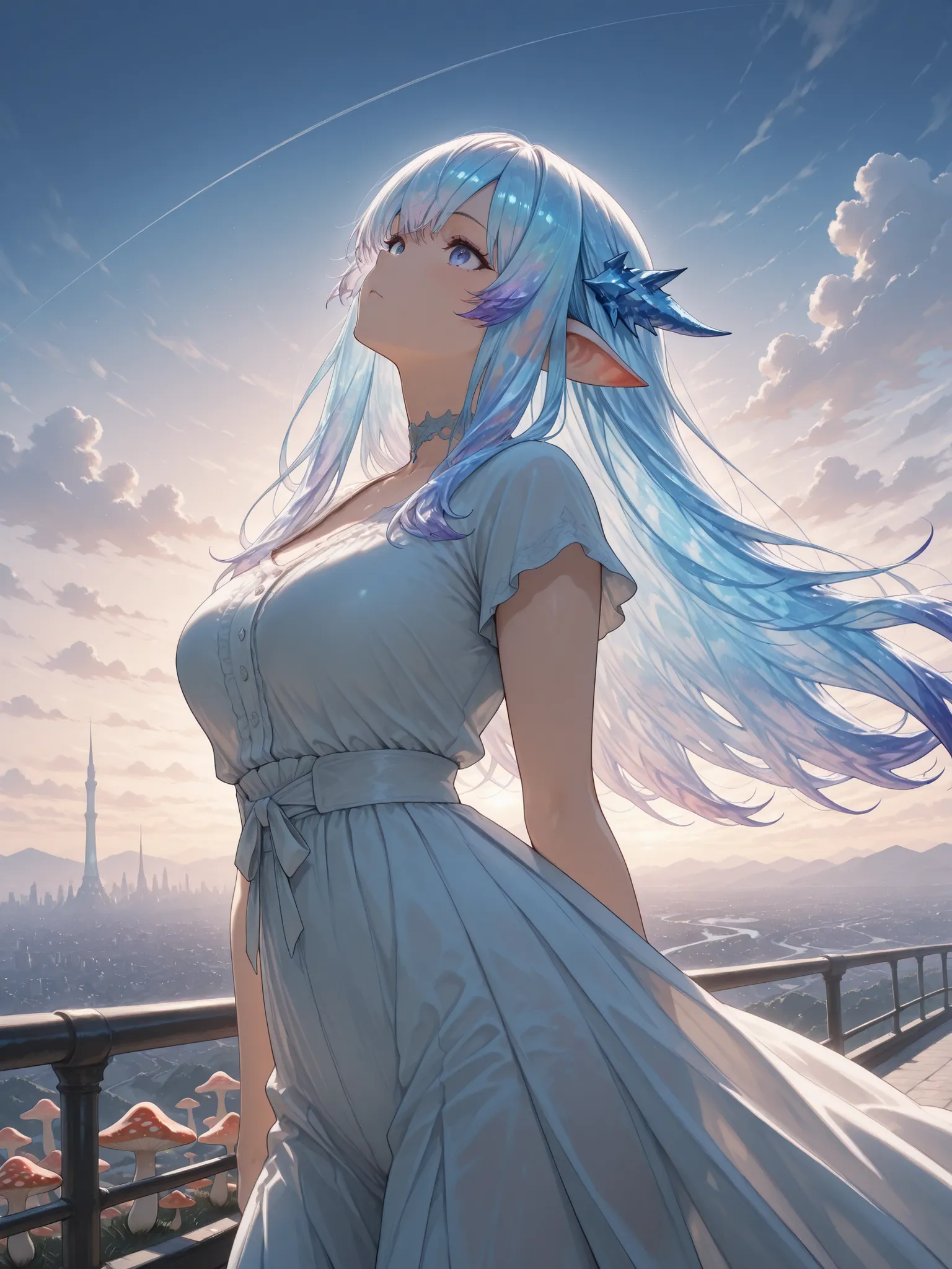(masterpiece:1.2), Very Intricate Details, ff14 style, dynamic painting that will make you throw your head back,   depicts a bustling city with majestic bridges over a wide river, Surrounded by towering giant mushrooms.  The vast landscape is full of vivid colors  , score_9, score_8_up, score_7_up, masterpiece, source_anime,1girl,soro,
Highly transparent hair