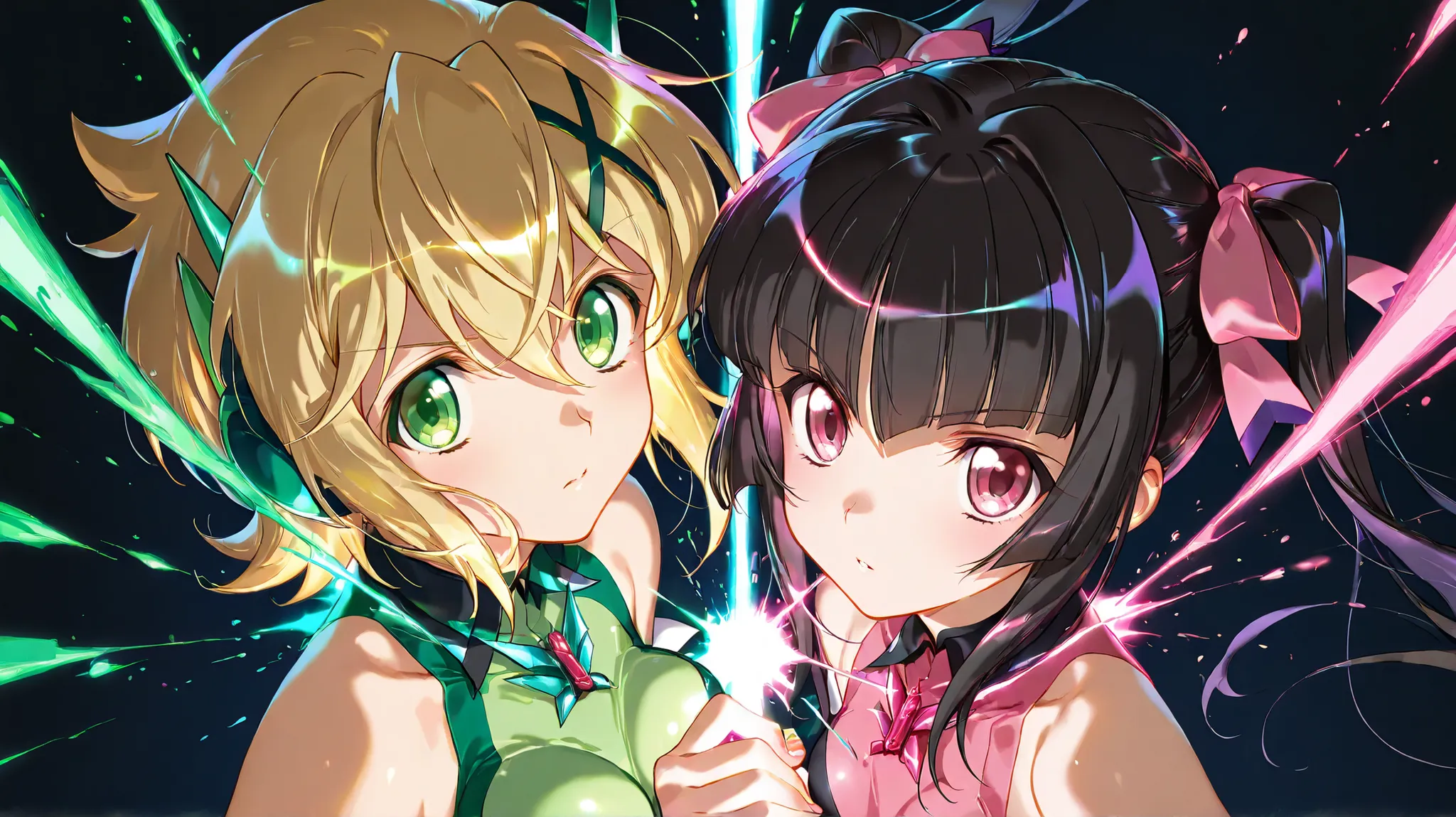 2girls,symphogear, Akatsuki Kirika,Tukuyomi Shirabe, Black background,colorful, lively, Shining Contours ,neon,colorful、Official Art、,viewer, masterpiece, Very Aesthetic、battle pose、Light powder、neon Hair、Swinging Hair、chest swaying up and down