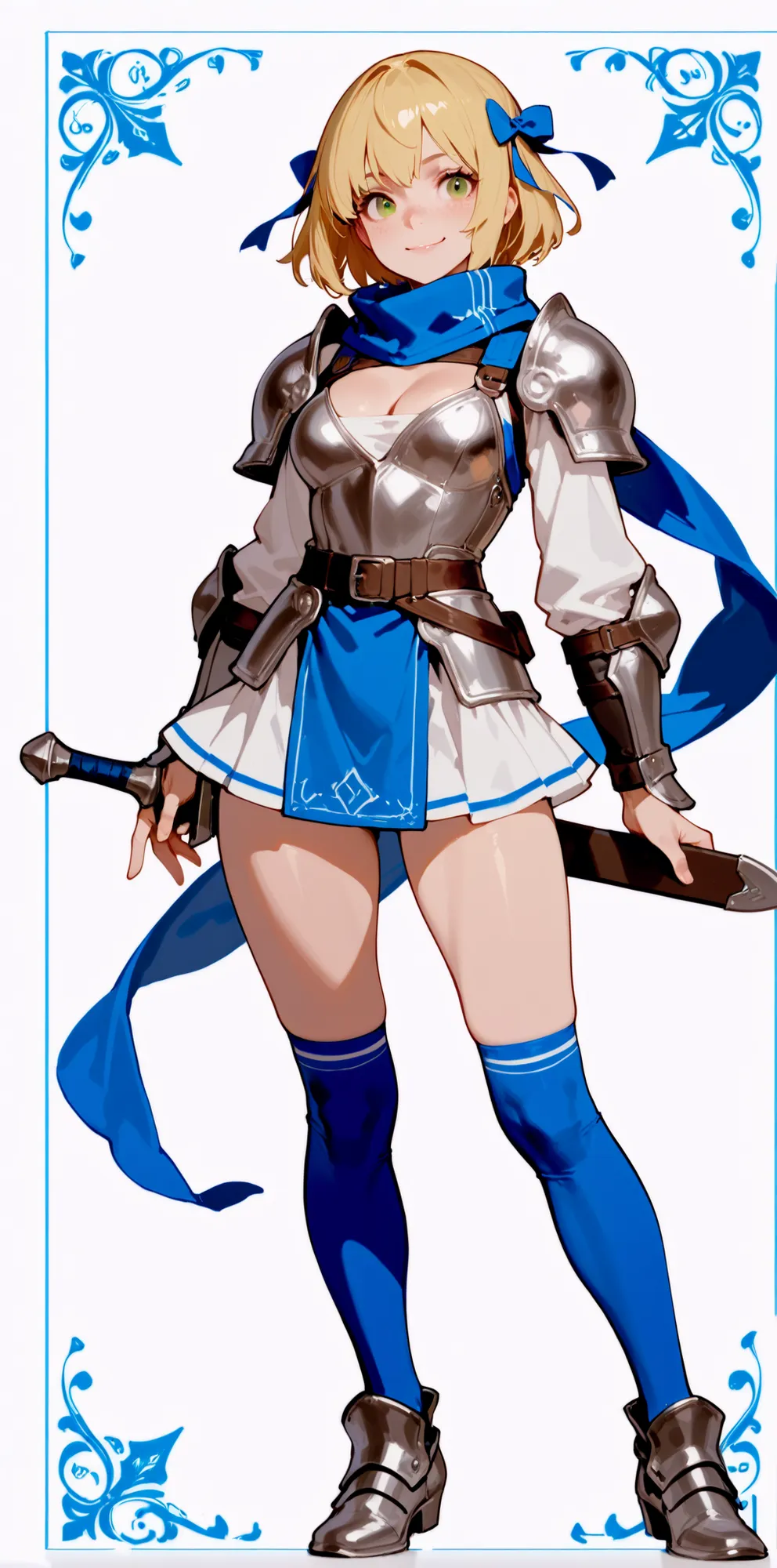 (Highest Quality), (8k), full body, Well-balanced Body、Strong and energetic、(( 18 years old )), blond hair, bob hair、freckles、hair top ribbon 、Blue scarf ribbon wrapped around the head、 hair bow、 Long golden eyelashes、round, large eyes、green eyes, Very ...