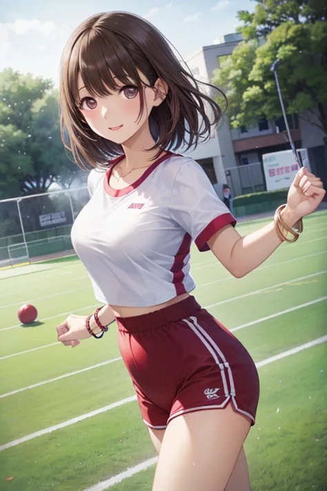 (masterpiece、after being played in high definition、8k、high quality)、solo、Japanese Women、1 person、Super Detail、 high chroma、Freshness 、high school girl、anatomical structure、perfect body、has beautiful eyes on the stomach、beautiful skin、Textured Skin、 dark pink  gloss lips visible on the track and field ground、big eyes、(The pink hair of)、bungs、、 dark pink  、cheerleading team in uniform、false eyelashes、studio lighting、 soft shadows、daylight、slim figure、thin waist、firm abs、Gym Clothes((白い無地のGym Clothes、short sleeve、 Red Bloomers、High leg bloomer 、bracelet that shines on the wrist、white socks、sneakers))、focus on face、outdoor、shiny costume on the track and field、 school playground 、Run through my stomach、 Game、shiny costume、Confetti in the background、gold necklace、sweat、looks distressed looking at a fixed camera、 sigh, ,,  ,( masterpiece, best quality, high resolution, ultra high resolution, pixel perfect, depth of field, 4K, RTTX10.0), 、Anegasaki Nene, shiny brown hair, beautiful brown eyes, smiling face, sparkling pupils, (fine grain), , highly detailed face,, (masterpiece:1.2, best quality), ((only1 girl)), ((cowboy shot：1.5))