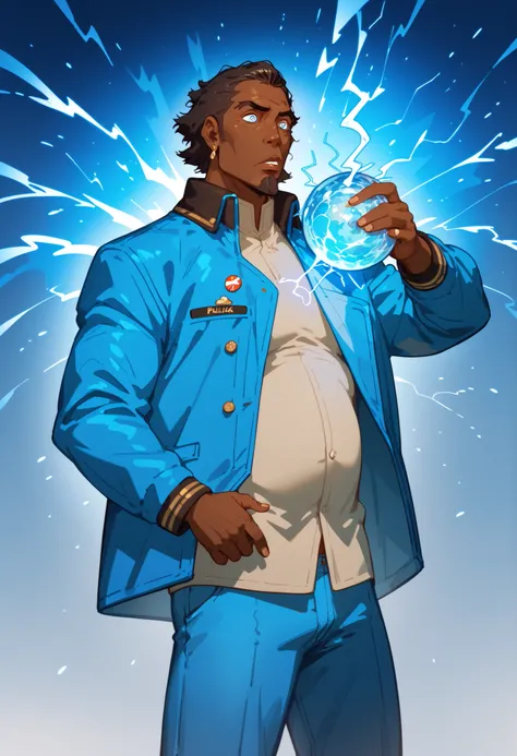 , score_9,score_8_up,score_7_up, mature men, African skin, Bright eyes, short black hair, bulk body shape,  wearing a blue jacket and  jeans pants, holding a black lightning in right hand, and a blue iced mist in the left hand, character design , illustrat...