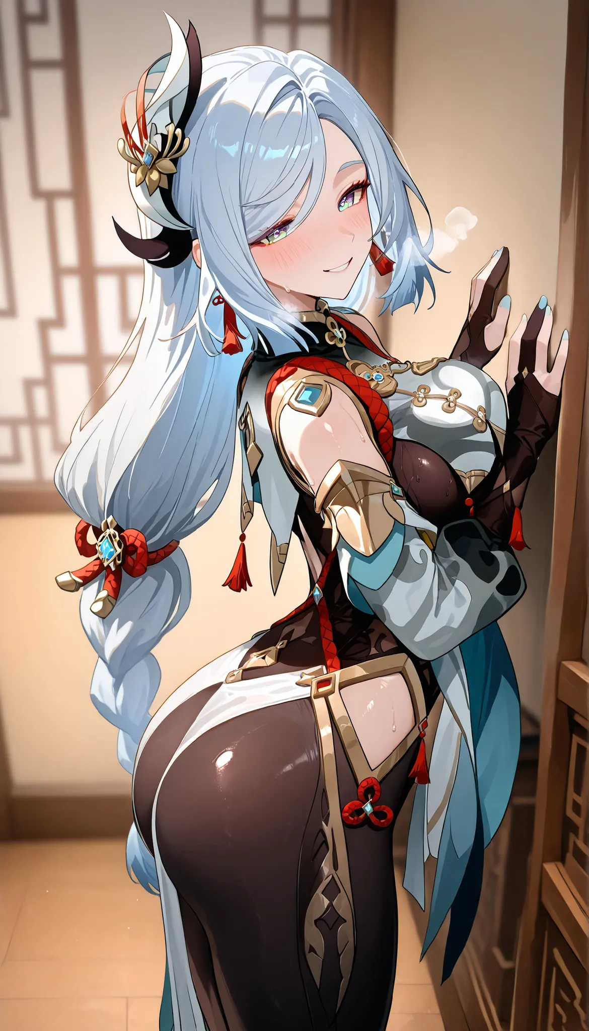 score_9,score_8_up,score_7_up,1girl, solo,blue eyes, white hair, braided ponytail, large_breasts, vision_\(genshin_impact\), tassel earrings, absurdres, highres, (Black_Tights),breast curtain, chinese knot, clothing cutout, puffy long sleeves,(White_hem),p...