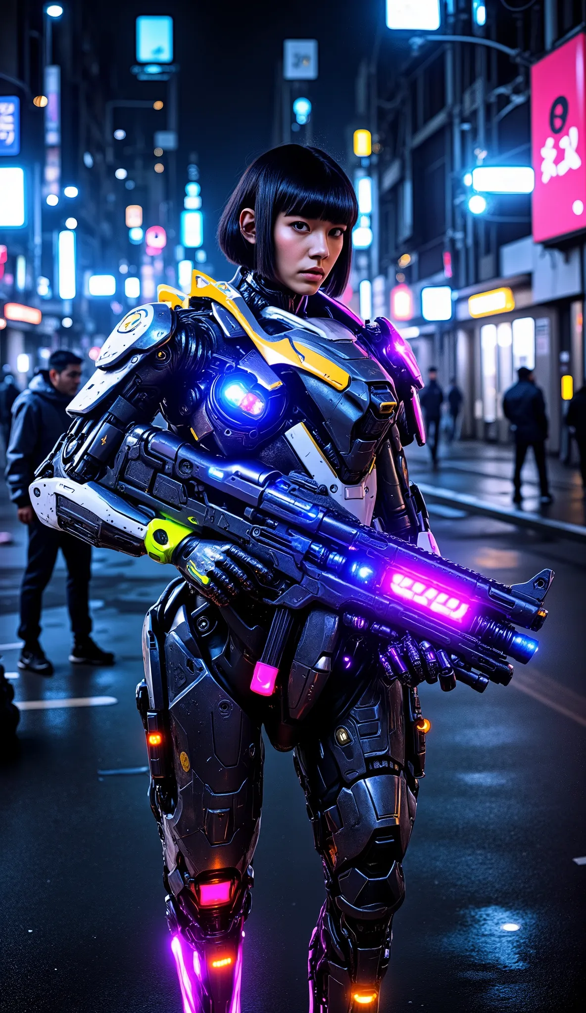 high image quality, high image quality画像,cinematic lighting,A woman in a cyborg suit is standing with a gun,android female soldier,black hair,Bob Cut Shorthair ,Future City, has some fantastic highlights , tech panels and mechanisms . She's standing in a...