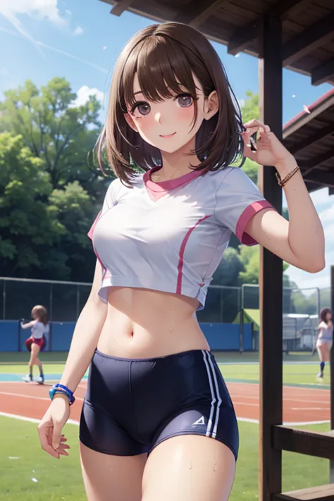 (masterpiece、after being played in high definition、8k、high quality)、solo、Japanese Women、1 person、Super Detail、 high chroma、Freshness 、high school girl、anatomical structure、perfect body、I have beautiful eyes on my stomach、beautiful skin、Textured Skin、 dark pink  gloss lips visible on the track and field ground、big eyes、(The pink hair of)、bungs、、 dark pink  、cheerleading team in uniform、false eyelashes、studio lighting、 soft shadows、daylight、slim figure、thin waist、firm abs、Gym Clothes((白い無地のGym Clothes、short sleeve、 Red Bloomers、High leg bloomer 、bracelet that shines on the wrist、white socks、sneakers))、focus on face、outdoor、shiny costume on the track and field、 school playground 、Run through my stomach、 Game、shiny costume、Confetti in the background、gold necklace、sweat、staring at a fixed camera with an expression of pain、 sigh, ,,  ,( masterpiece, best quality, high resolution, ultra high resolution, pixel perfect, depth of field, 4K, RTTX10.0), 、Anegasaki Nene, shiny brown hair, beautiful brown eyes, smiling face, sparkling pupils, (fine grain), , highly detailed face,, (masterpiece:1.2, best quality), ((only1 girl)), ((cowboy shot：1.5))