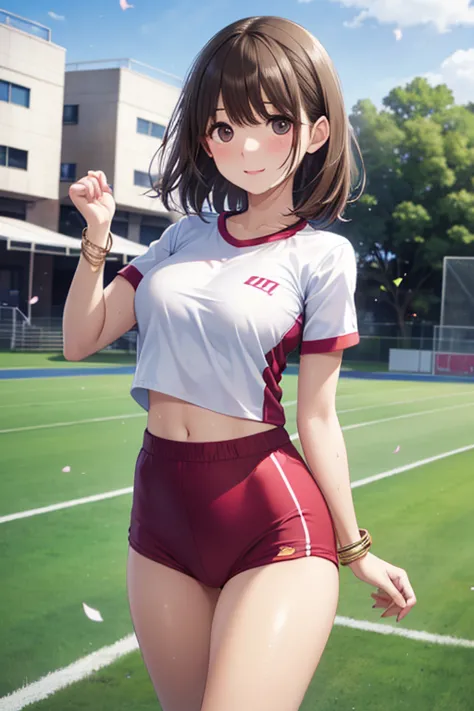 (masterpiece、after being played in high definition、8k、high quality)、solo、Japanese Women、1 person、Super Detail、 high chroma、Freshness 、high school girl、anatomical structure、perfect body、I have beautiful eyes on my stomach、beautiful skin、Textured Skin、 dark pink  gloss lips visible on the track and field ground、big eyes、(The pink hair of)、bungs、、 dark pink  、cheerleading team in uniform、false eyelashes、studio lighting、 soft shadows、daylight、slim figure、thin waist、firm abs、Gym Clothes((白い無地のGym Clothes、short sleeve、 Red Bloomers、High leg bloomer 、bracelet that shines on the wrist、white socks、sneakers))、focus on face、outdoor、shiny costume on the track and field、 school playground 、Run through my stomach、 Game、shiny costume、Confetti in the background、gold necklace、sweat、staring at a fixed camera with an expression of pain、 sigh, ,,  ,( masterpiece, best quality, high resolution, ultra high resolution, pixel perfect, depth of field, 4K, RTTX10.0), 、Anegasaki Nene, shiny brown hair, beautiful brown eyes, smiling face, sparkling pupils, (fine grain), , highly detailed face,, (masterpiece:1.2, best quality), ((only1 girl)), ((cowboy shot：1.5))