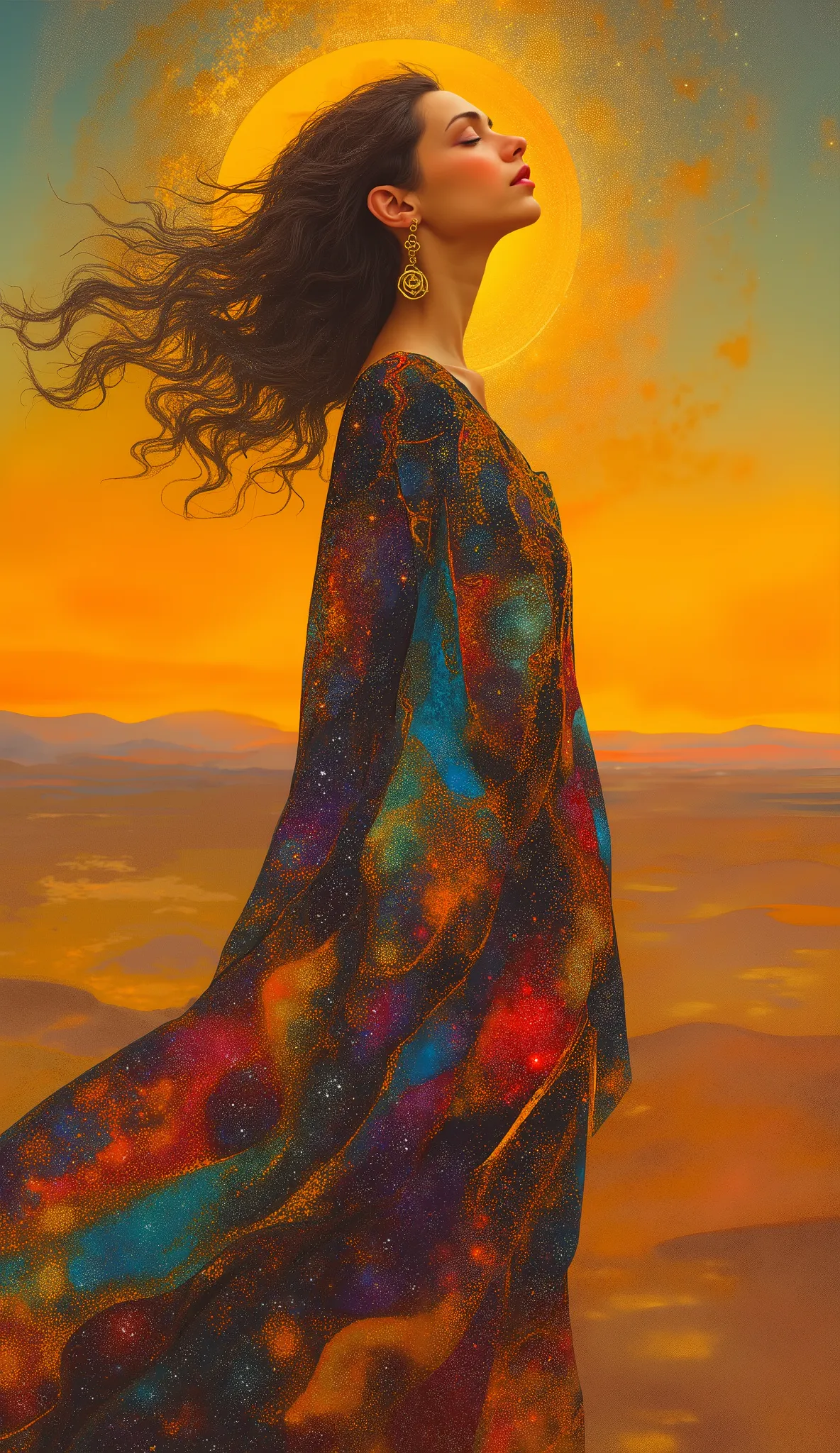 female figure, cosmic goddess theme, flowing cosmic robe with stained glass patterns, vibrant nebula and galaxy textures in garment, golden outlines and intricate abstract shapes, soft serene expression, head tilted back in peace, surreal desert landscape ...