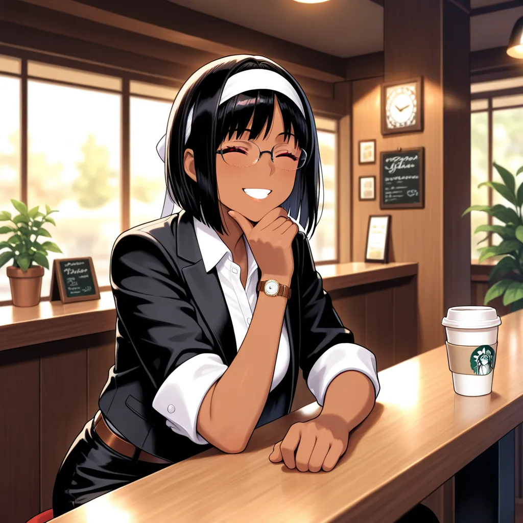 One woman, solo, showing white teeth, black hair, smiling, slanted, short bob, straight hair, red eyes, eyes closed, (brown skin), with bangs, sitting at wooden counter, ((right hand to chin)), (sighing expression), indoors, warm lighting, jacket, white collared shirt, (glasses) (black jacket, sleeves rolled up)), indoors, open jacket, silver watch, ((white headband)), black long pants, brown belt, plants, flowers, businessman attire, coffee shop, cafe, coffee cup, perfect hands, cute, blurred background Description: perfect, masterpiece, best quality, very beautiful, top quality high quality
