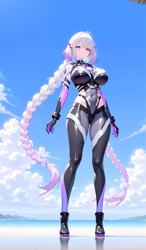 Cryptic girl,masterpiece, best quality, amazing quality, very aesthetic, absurdres, sensitive, (full body shot:1.5),highly detailed cyber body suits, Extreme large Breast, long gradient purple twin braid hair ,(standing like a super hero:1.2),  blue sky ba...