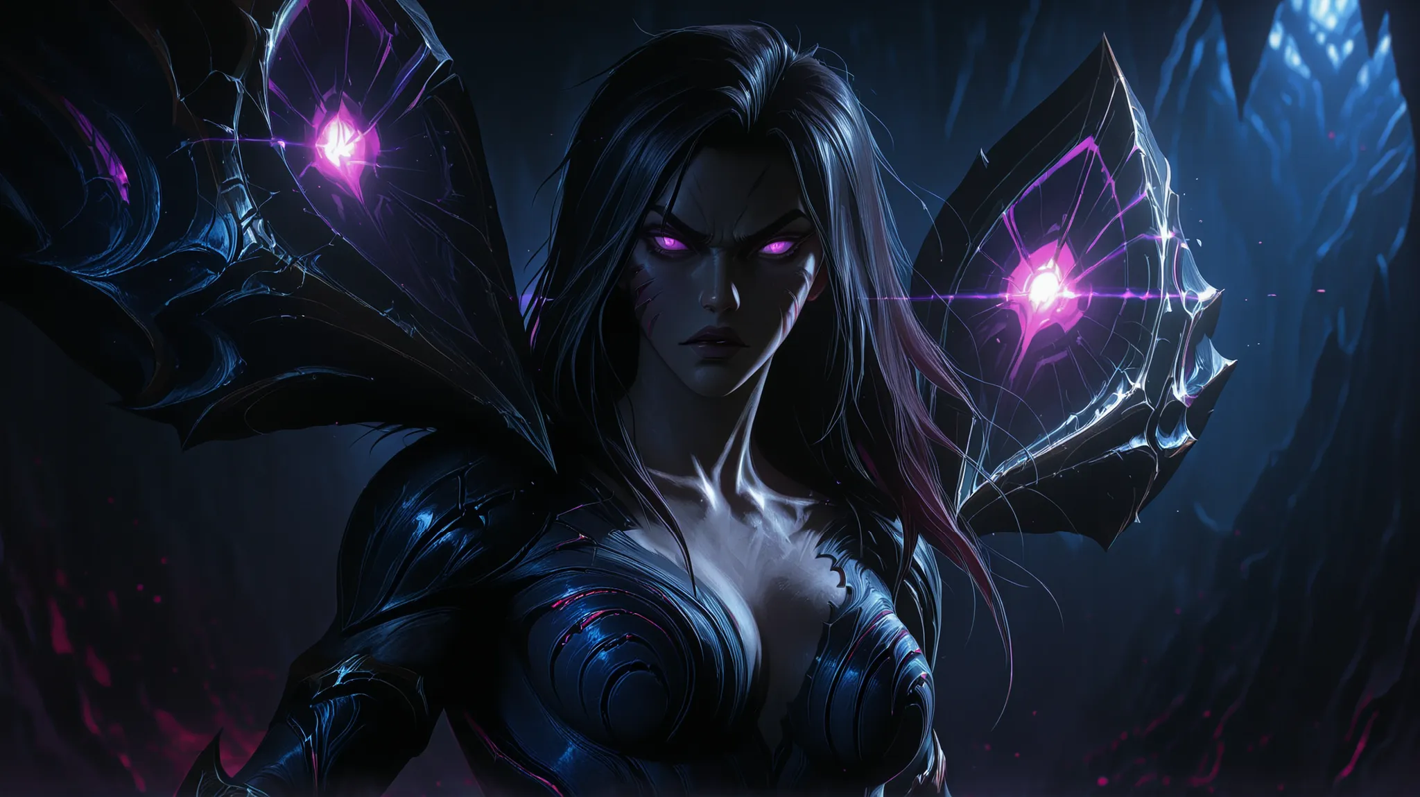 Kai'sa from league of legends, upper body, in dark cave, dramatic lighting, cinematic pose, intense expression, glowing eyes, leather armor, intricate details, high quality, 8K, photorealistic, HDR, physically-based rendering, dramatic chiaroscuro, moody a...