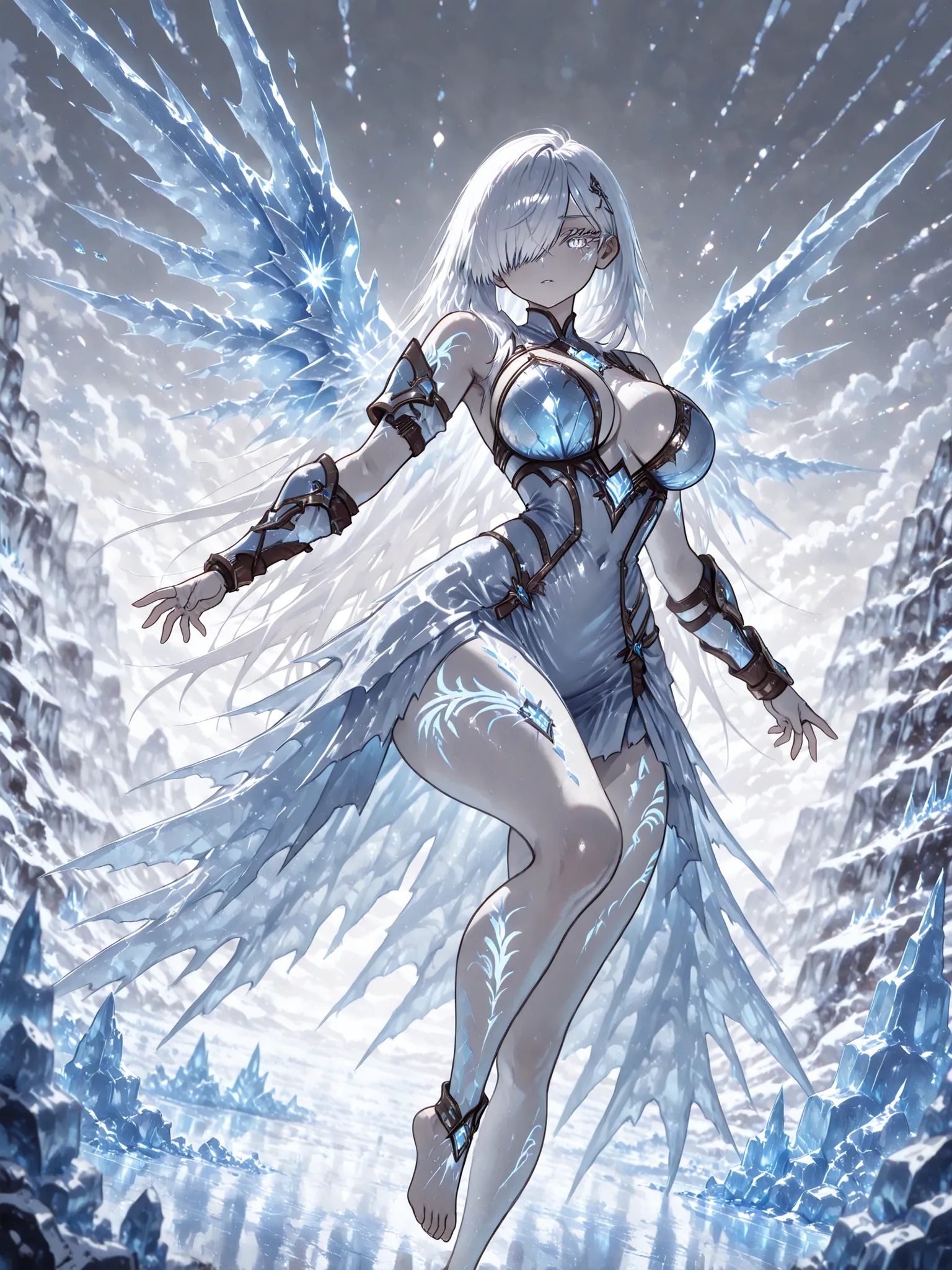 Meisterwerk, best quality, 4k,1 girl, Gojo Monika, white hair, sehr langes Haar, hair above right eye, blaue Augen, farbige Wimpern, white eyelashes , Big Breasts, blasse Haut,
goddess, wearing icicle skirt, blue and white fantasy clothes, translucent ...
