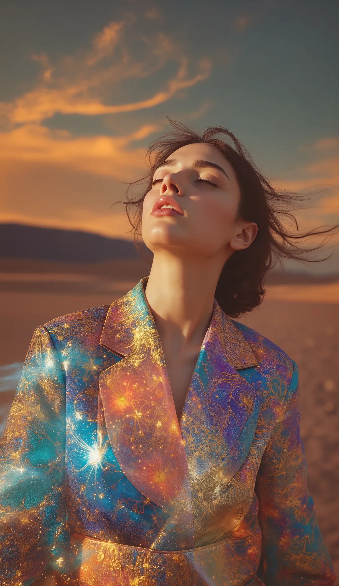female figure, cosmic goddess theme, flowing cosmic robe with stained glass patterns, vibrant nebula and galaxy textures in garment, golden outlines and intricate abstract shapes, soft serene expression, head tilted back in peace, surreal desert landscape ...