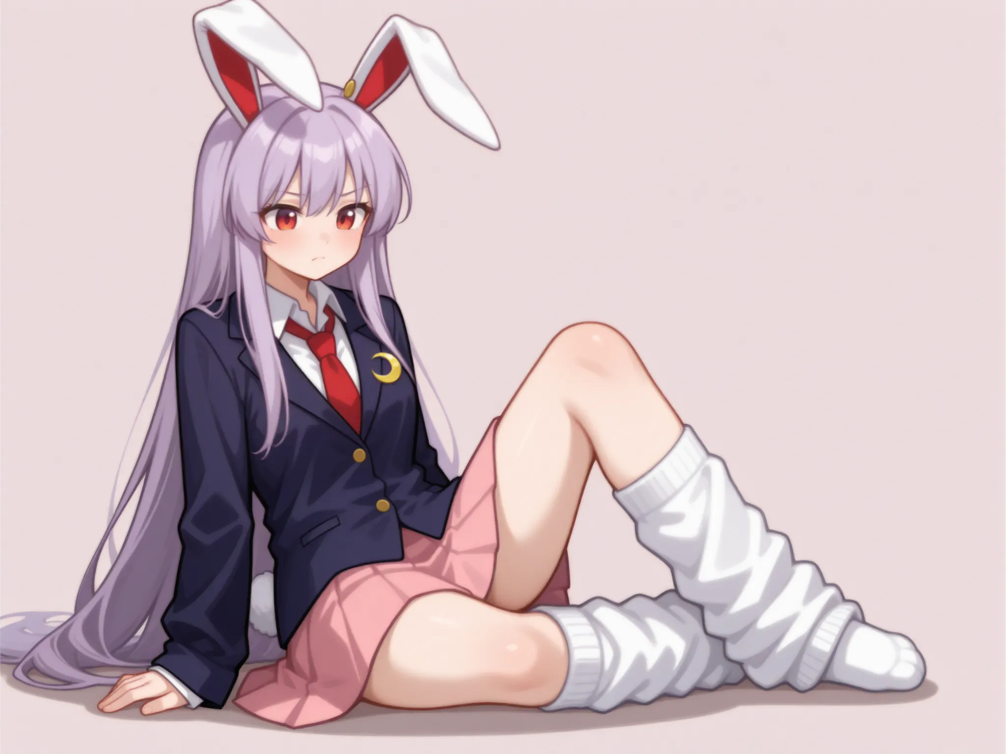 1girl, reisen udongein inaba (touhou), red eyes, rabbit girl, rabbit ears, rabbit tail, purple hair, light purple hair, very long hair, blazer, black jacket, white shirt, collared shirt, blouse, red necktie, buttons, long sleeves, pink skirt, crescent pin,...
